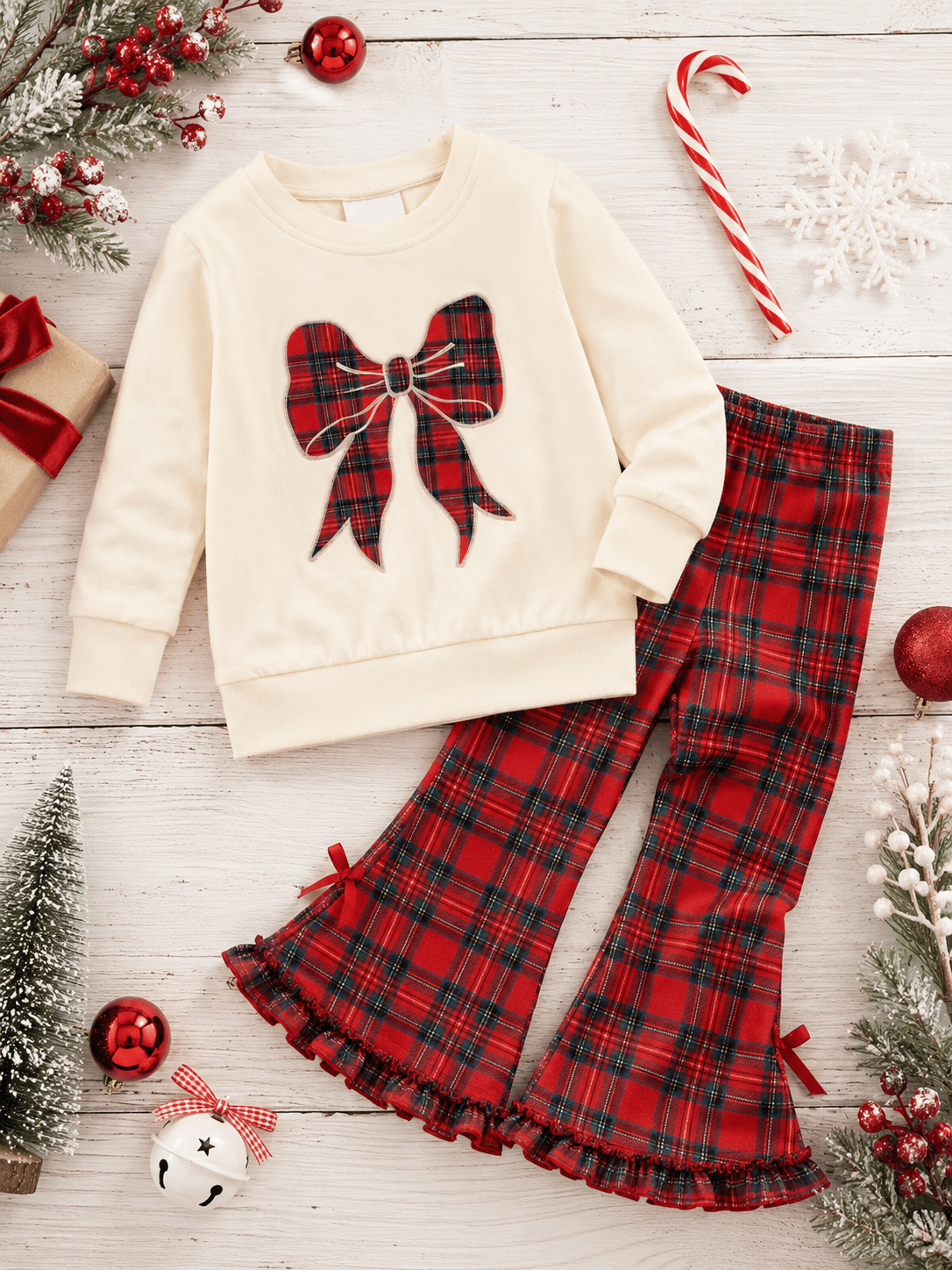 Cream Tartan Bow Girls Bell Bottom Set
