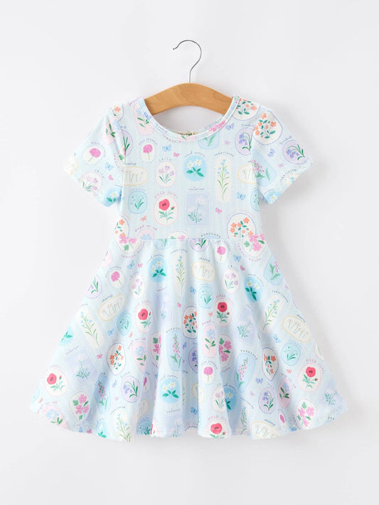 Rylee Faith Designs - Summer Floral Botanical Girls Dress Blue Short Sleeve