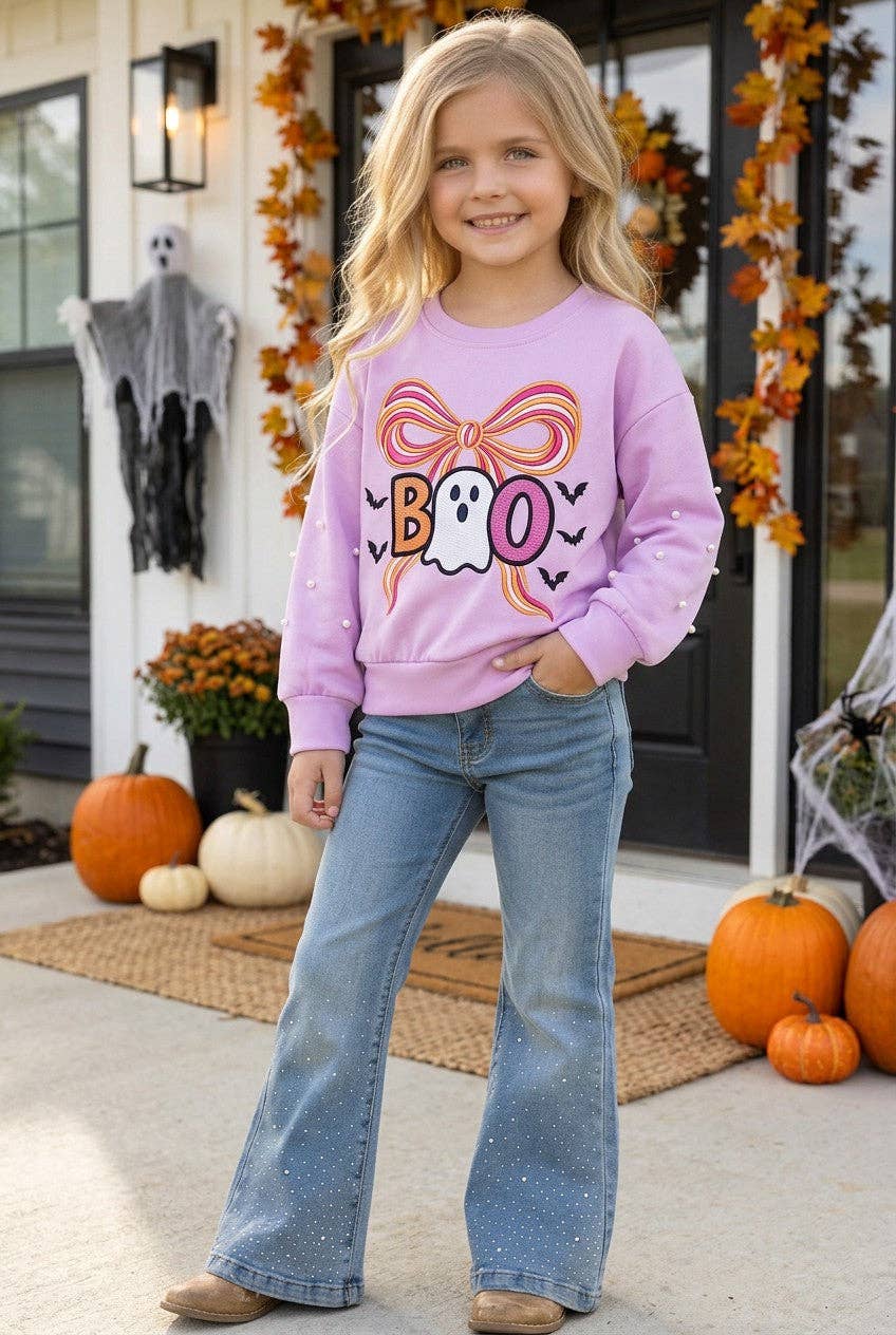 Kids Charm Online - Boo Lilac Halloween printed sweatshirt with pearl detail on sleeves. TPG60450 SOL