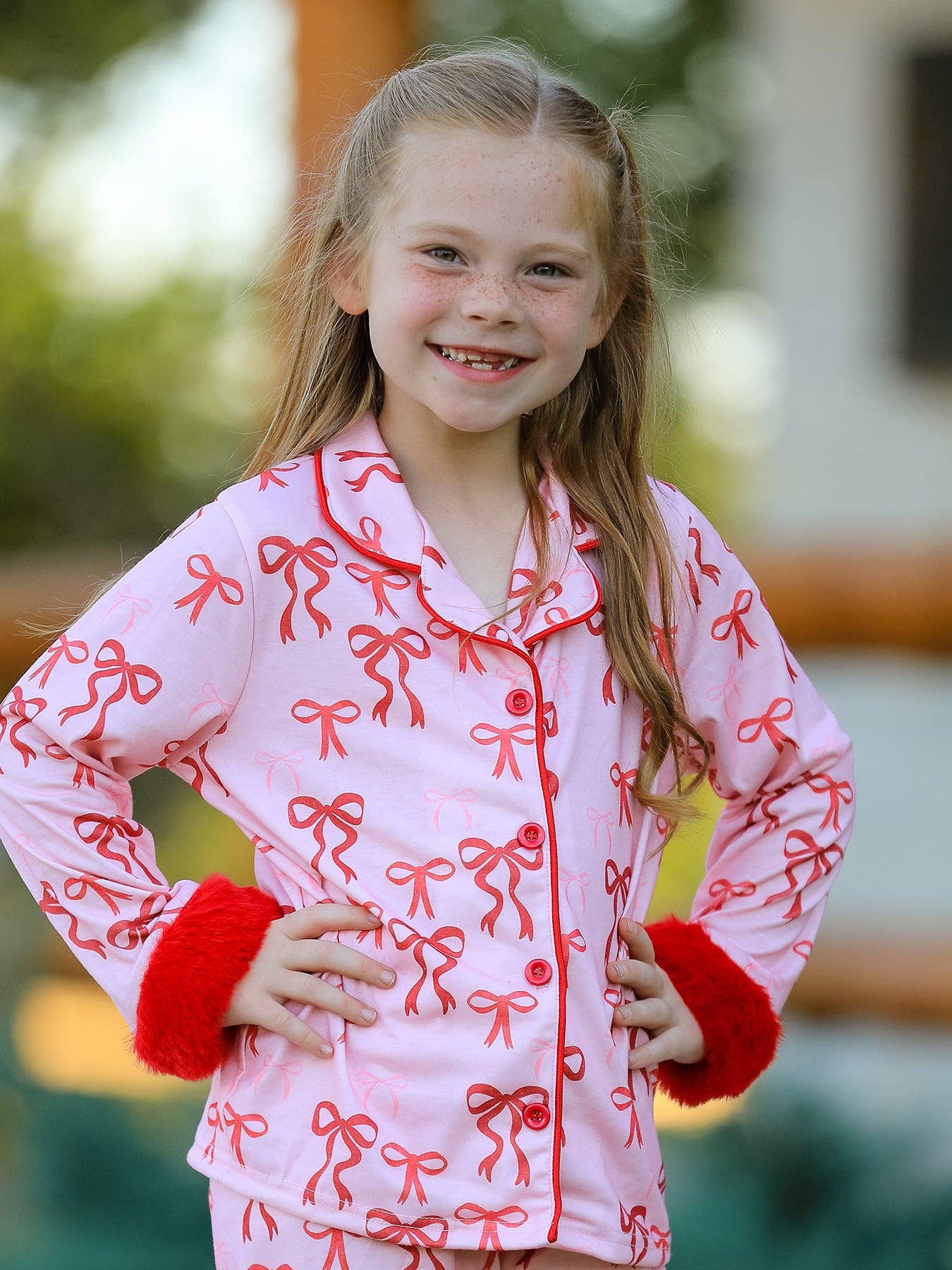 Rylee Faith Designs - Christmas Bow Girls Pajama Set with Furry Trim