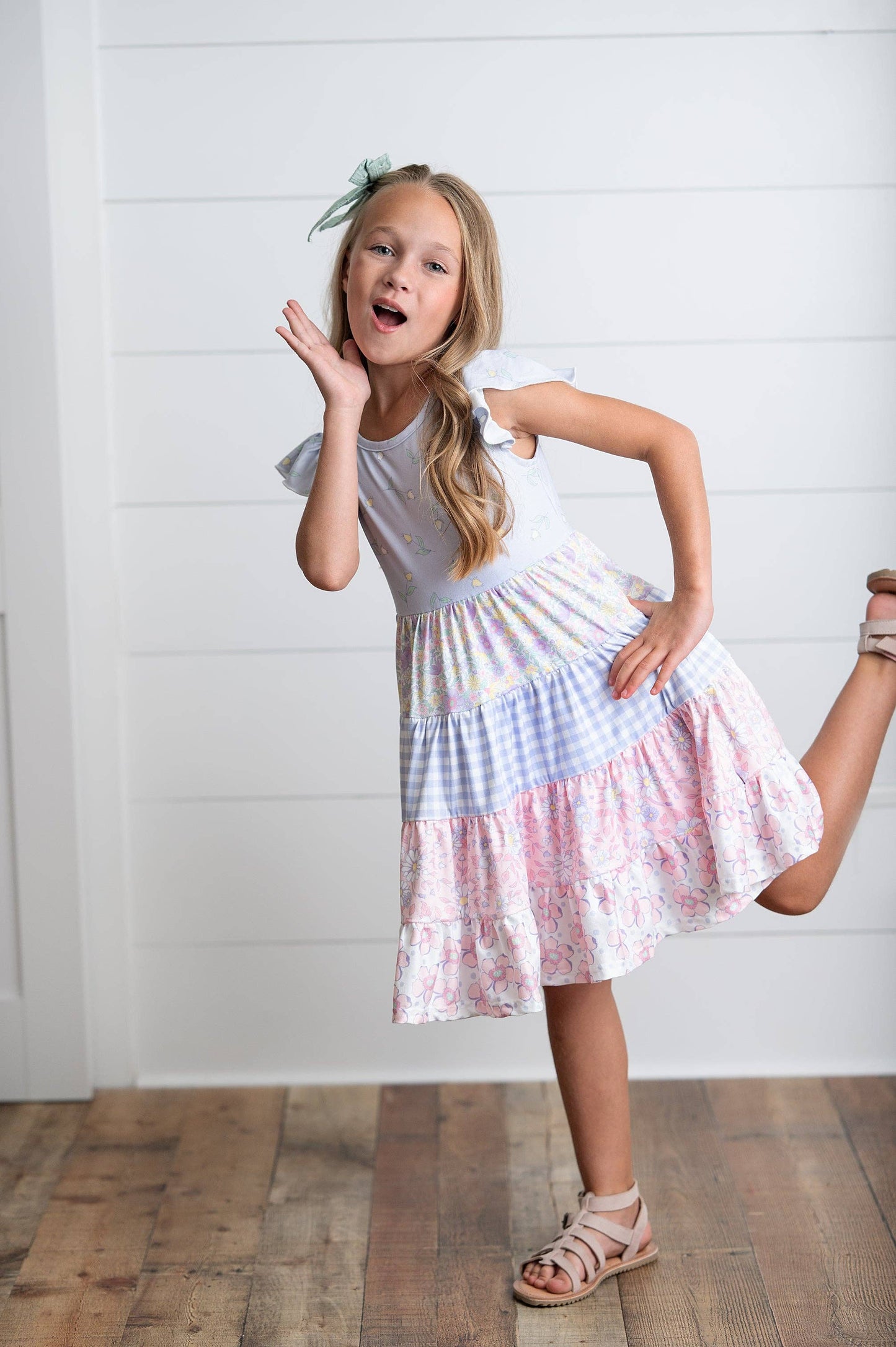 Girls Ava Twirl Lavender Floral Check Spring Tiered Dress