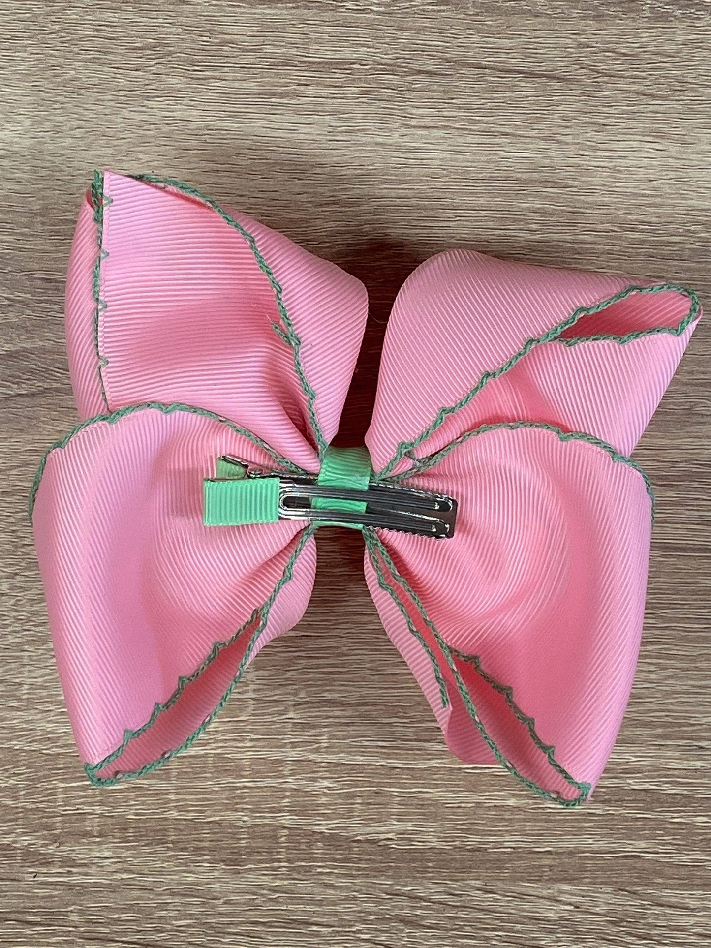 Pink with Green Moonstitch Hair Bow
