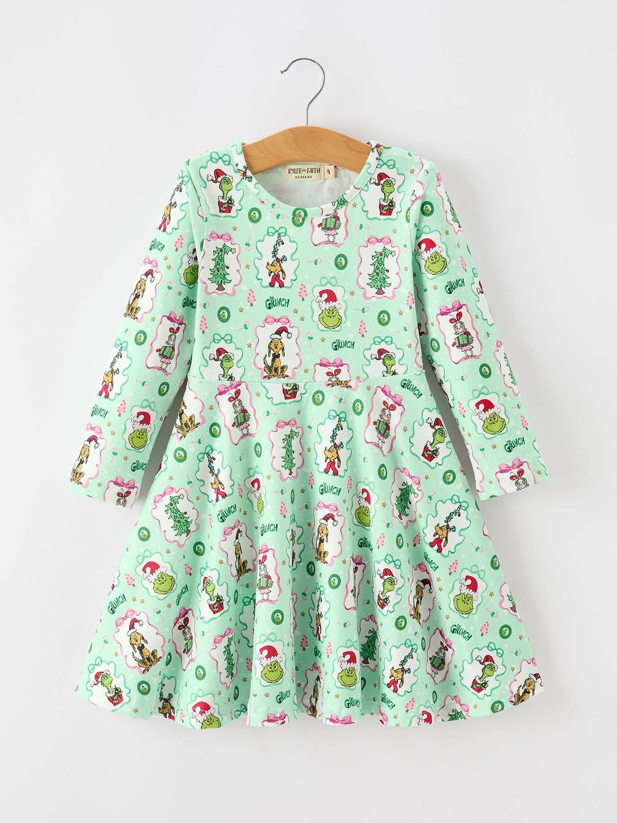 Christmas Mint Green Girls Long Sleeve Twirl Dress