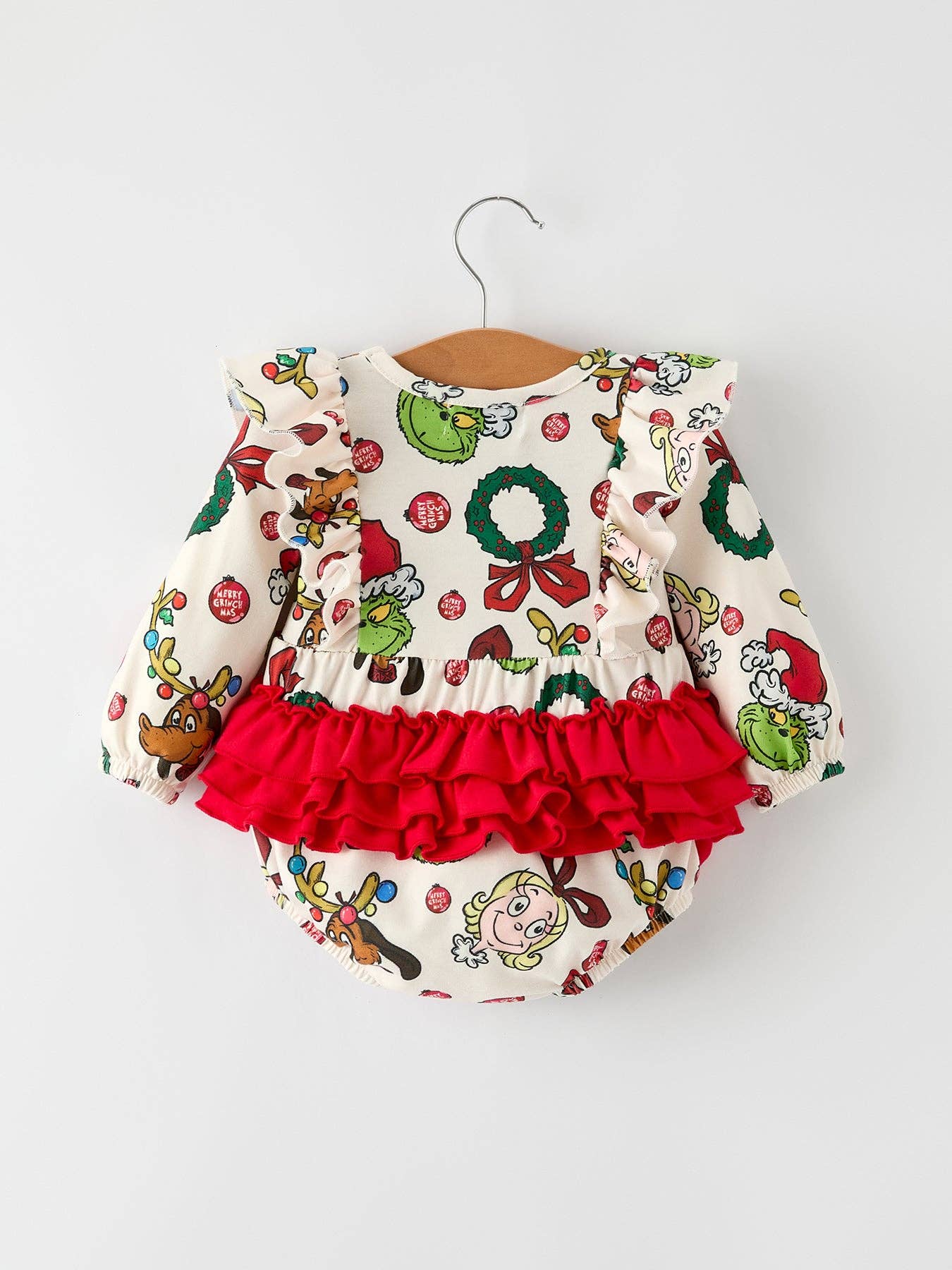 Rylee Faith Designs - Christmas Character Print Baby Girls Romper with Red Bow Detail