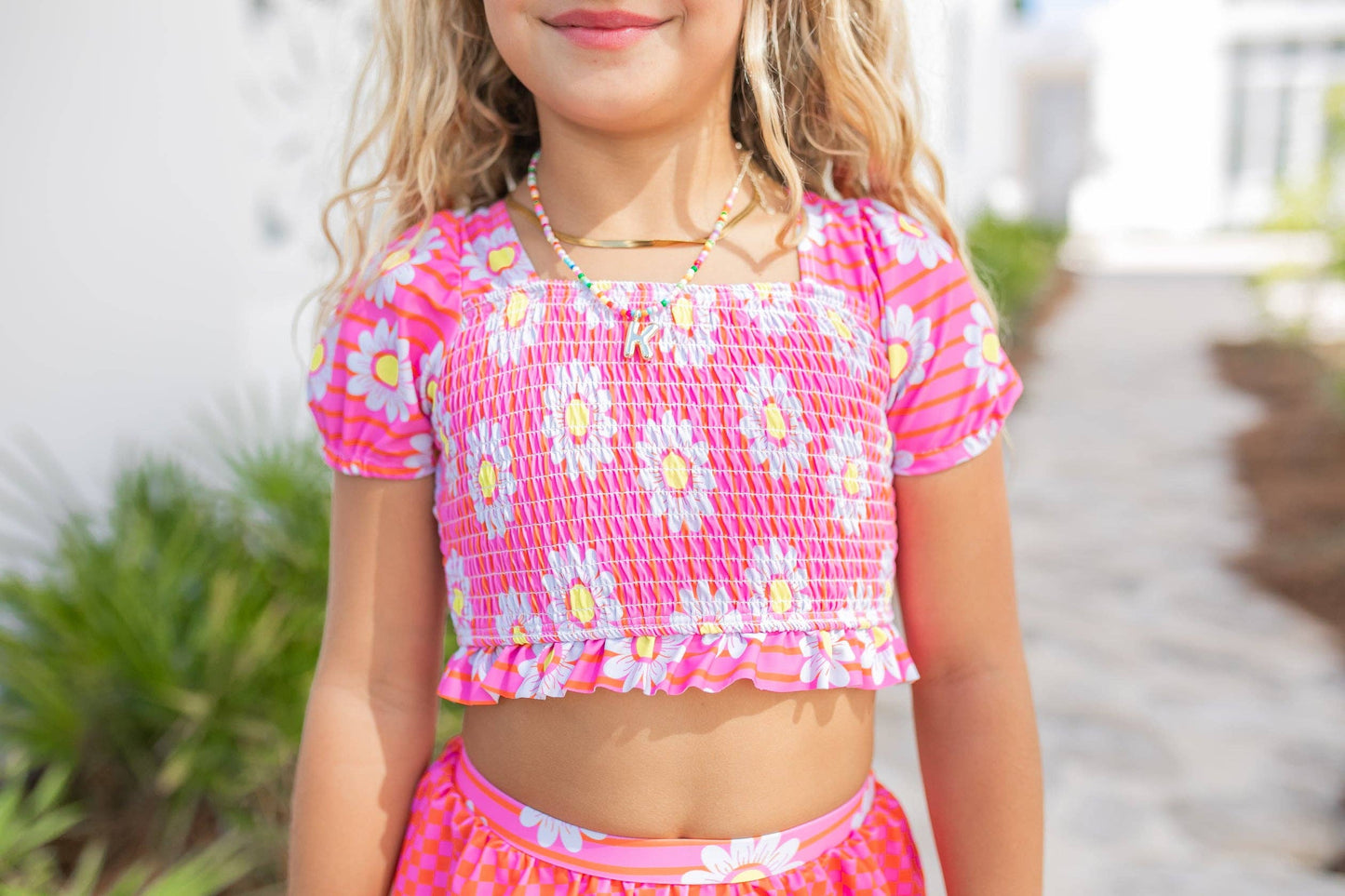 Girls Abby Pink Daisy Ruffle 2 Piece Summer Swimsuit