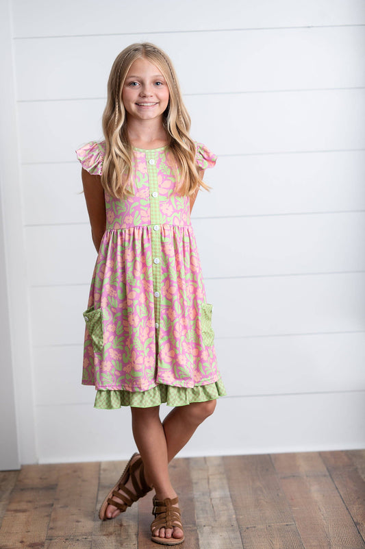 Girls Camila Green Floral Button Pocket Spring Summer Dress