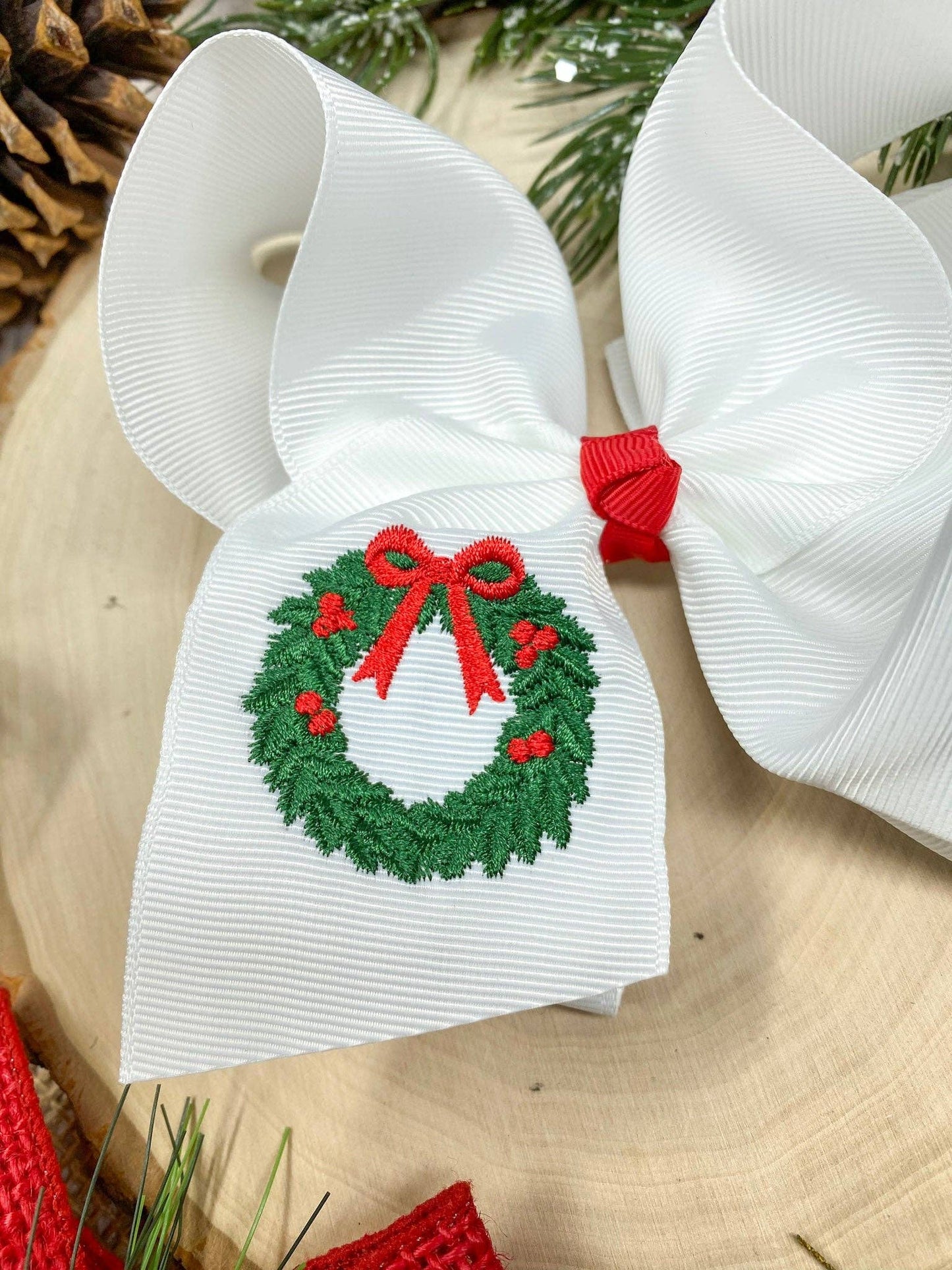 Wreath Embroidered Hair Bow | Christmas Hair Bow | Clip or Headband