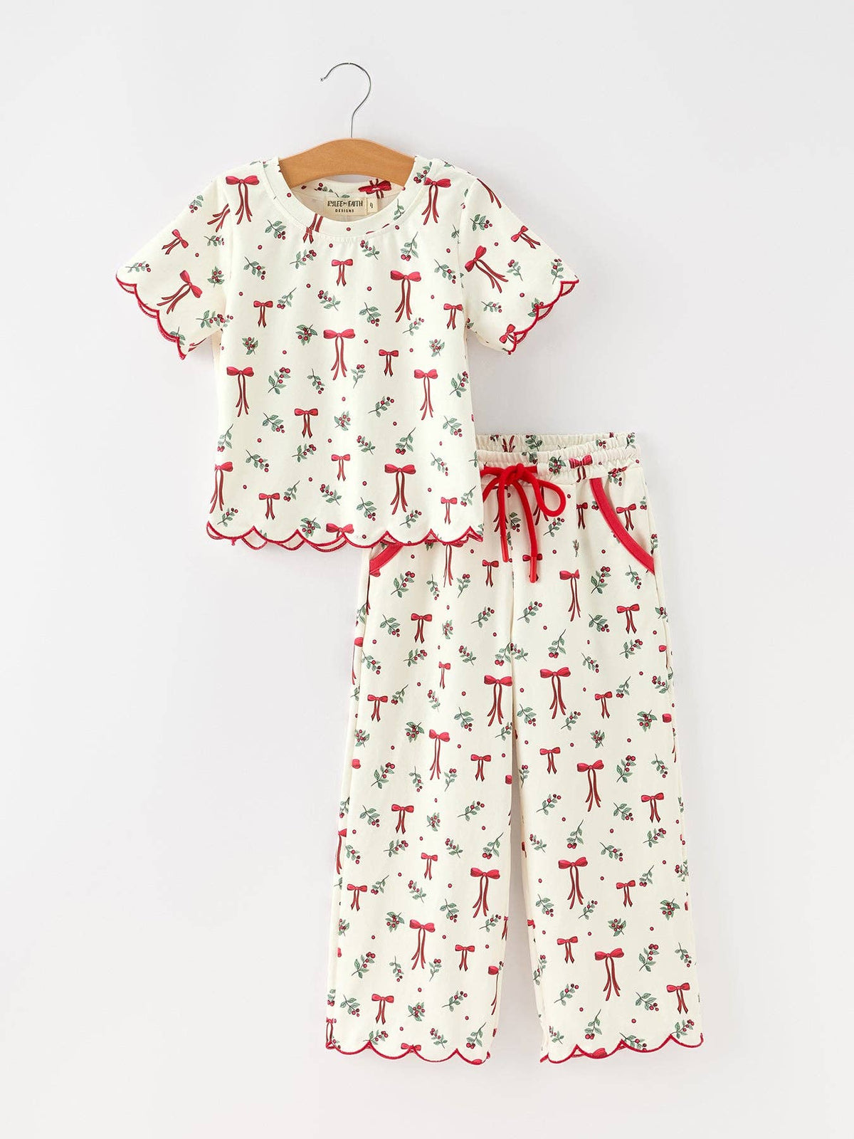 Bow & Holly Print Scallop Trim Pants Set