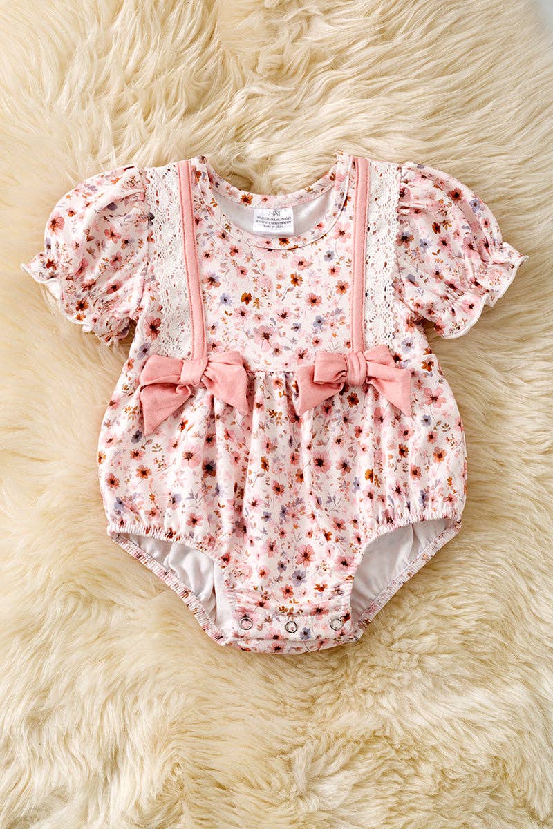 Multi-Color Ditsy floral baby romper with front bows & embroidery details