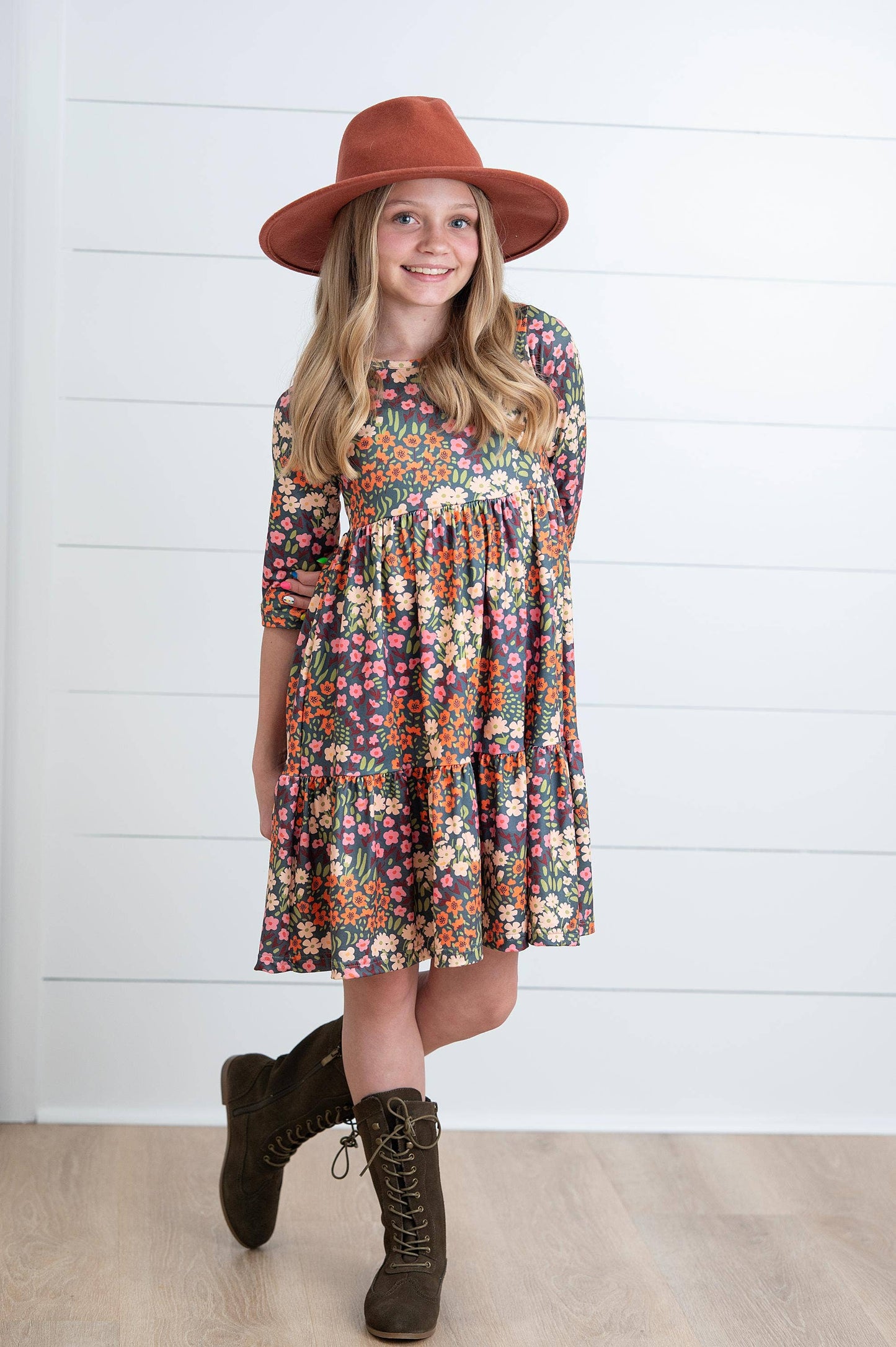 Oopsie Daisy - Girls Emma Rust Fall Flower Fields Tiered Twirl Dress