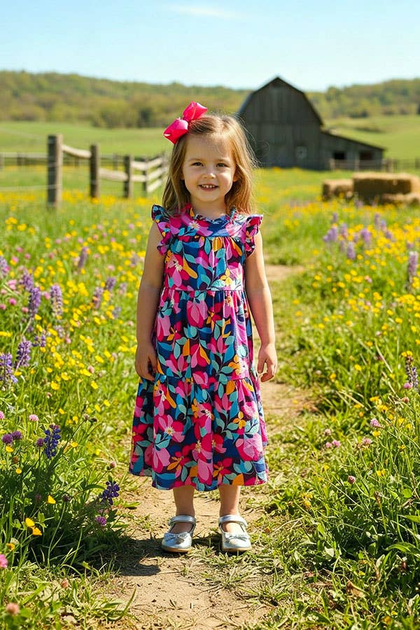 Floral printed sleeveless long style girls dress