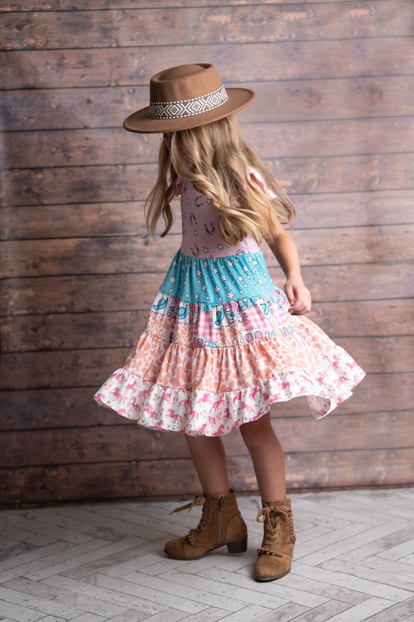 Girls Pink Blue Cowgirl Ruffle Tiered Summer Spring Dress