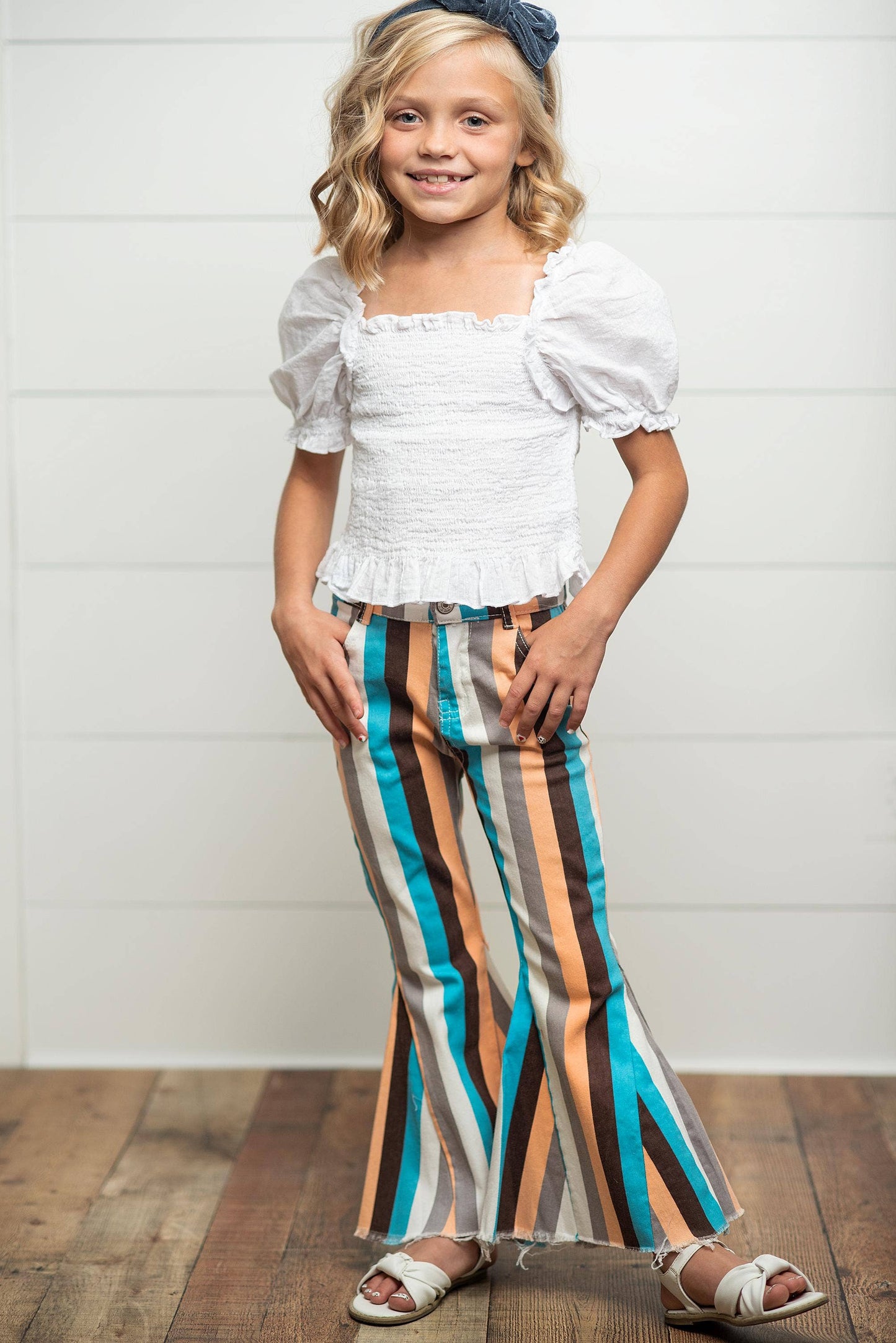 Kids Teal Rust Tangerine Striped Denim Jean Flare Pant