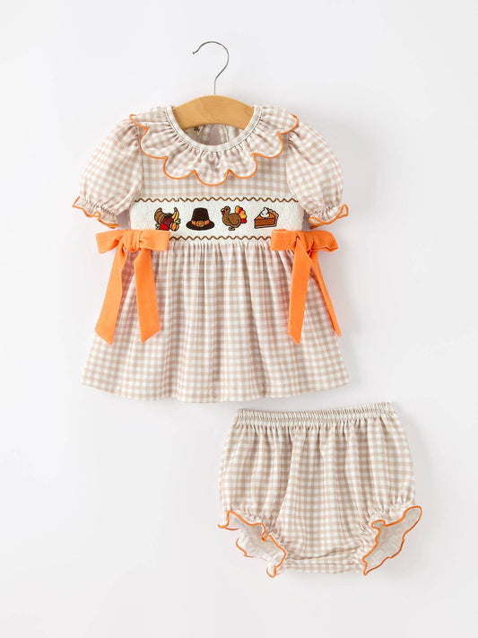 Thanksgiving Smocked Girls Dress Bloomer Set