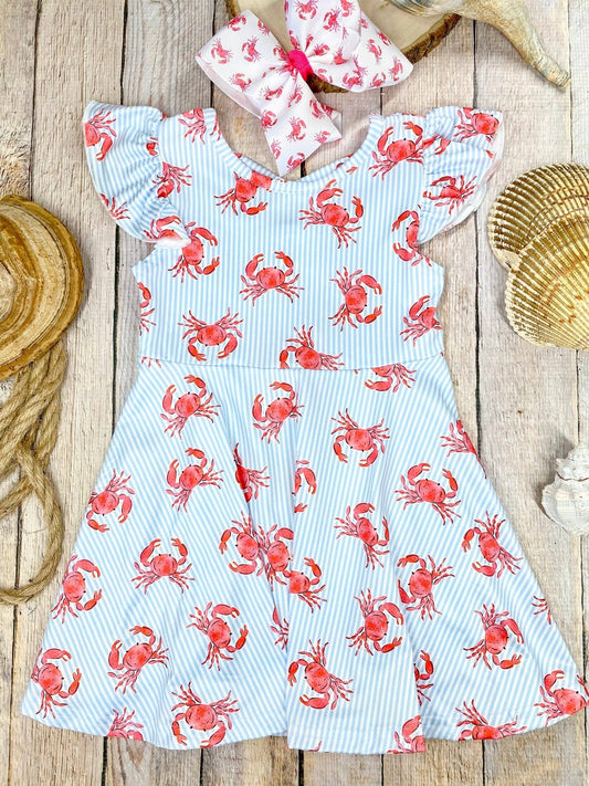 Coastal Crab Twirl Dress | Girls Ocean Print Flutter Sleeve Dress