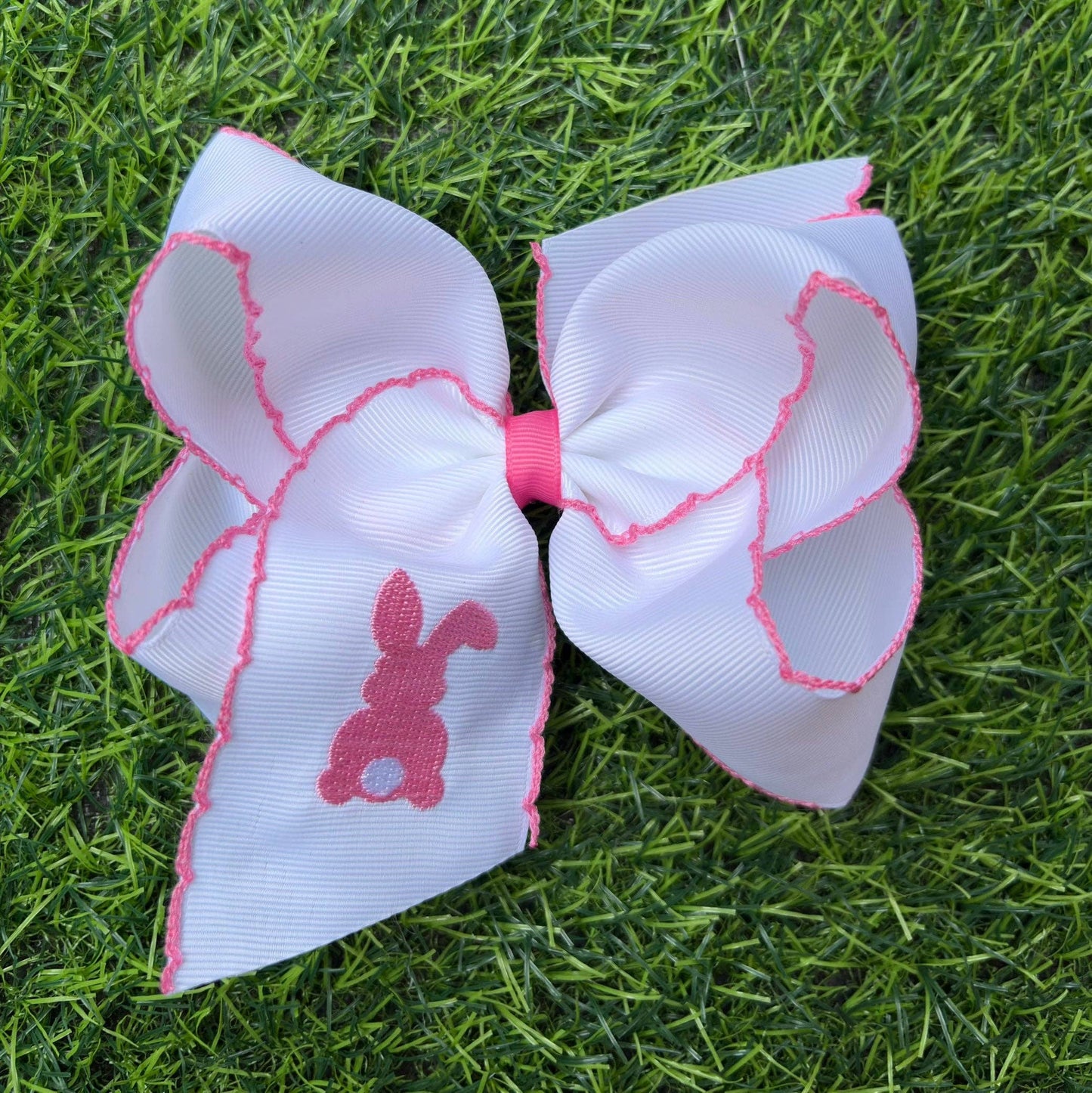 5" Easter embroidered hair bows with moon stitch trim