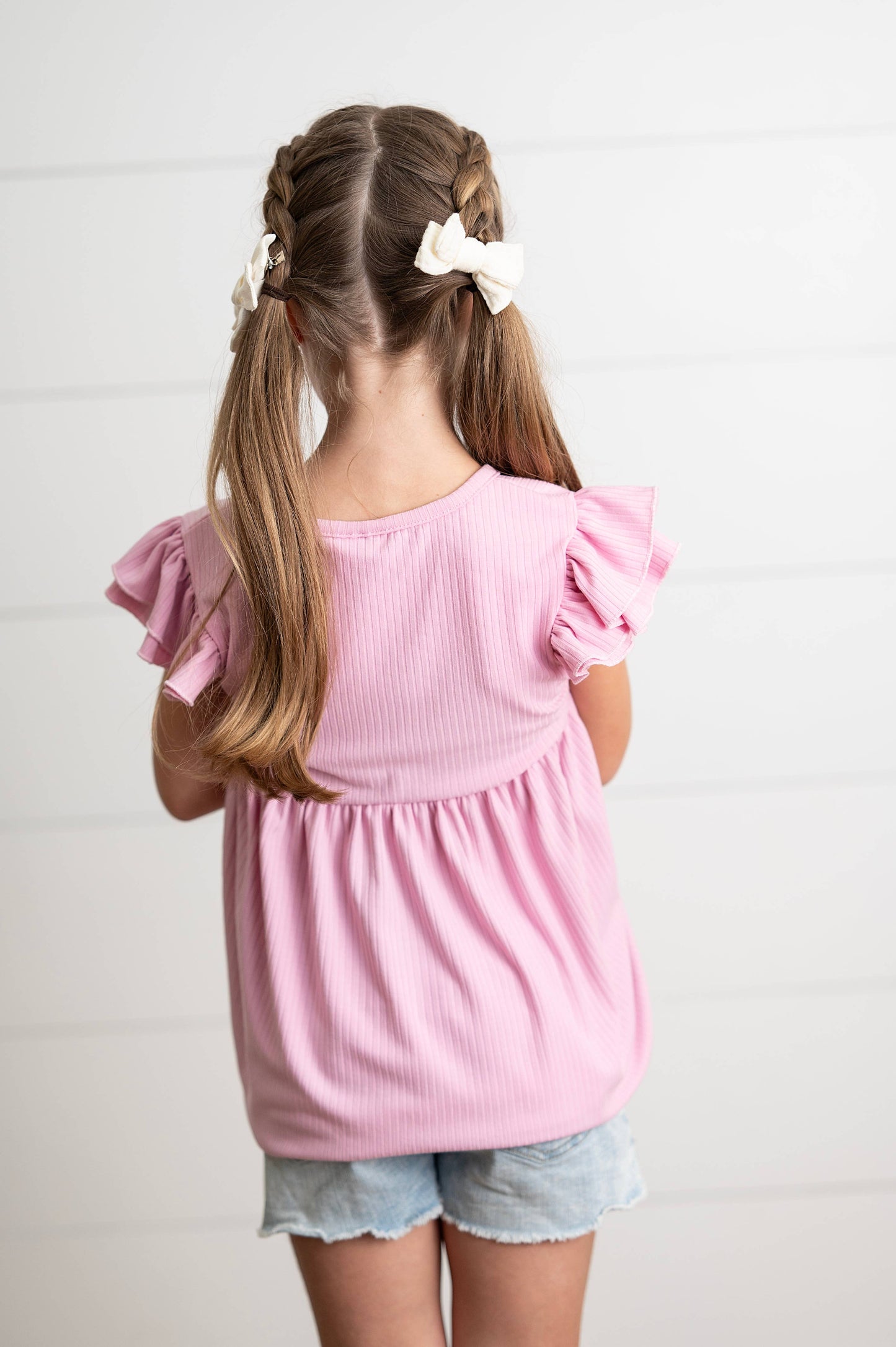 Kids Light Pink Ribbed Double Ruffle Flutter Sleeve Shirt