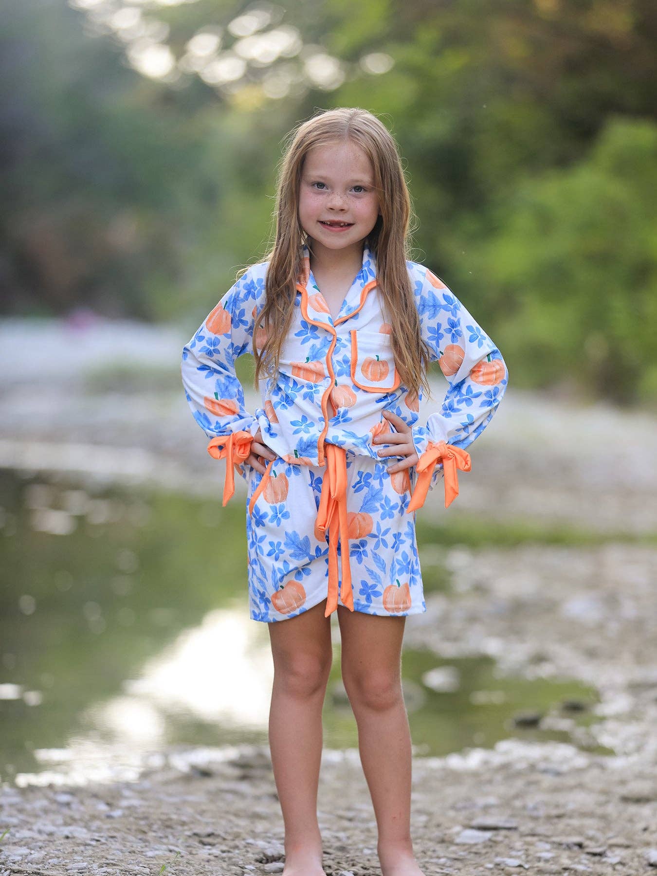 Rylee Faith Designs - Thanksgiving Day Pumpkin Floral Print Girls Pajamas Set