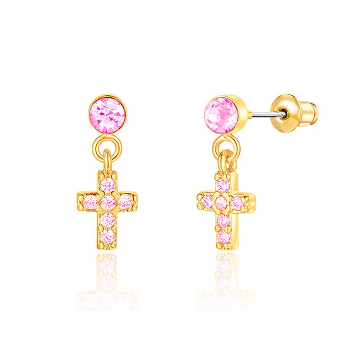 Girl Nation - Little Luxe Drop Earrings | Cross with Pink Cubic Zirconia