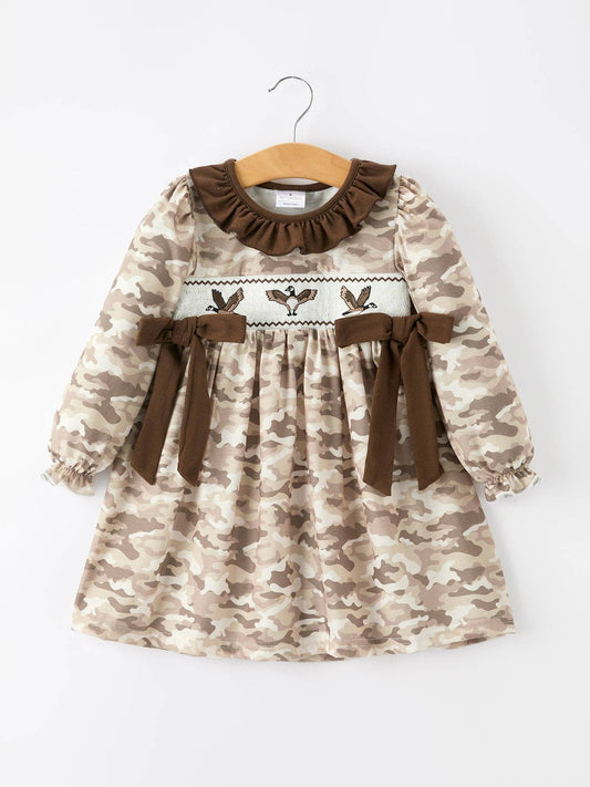 Rylee Faith Designs - Duck Smocked Camo Girl Dress Bow Detail