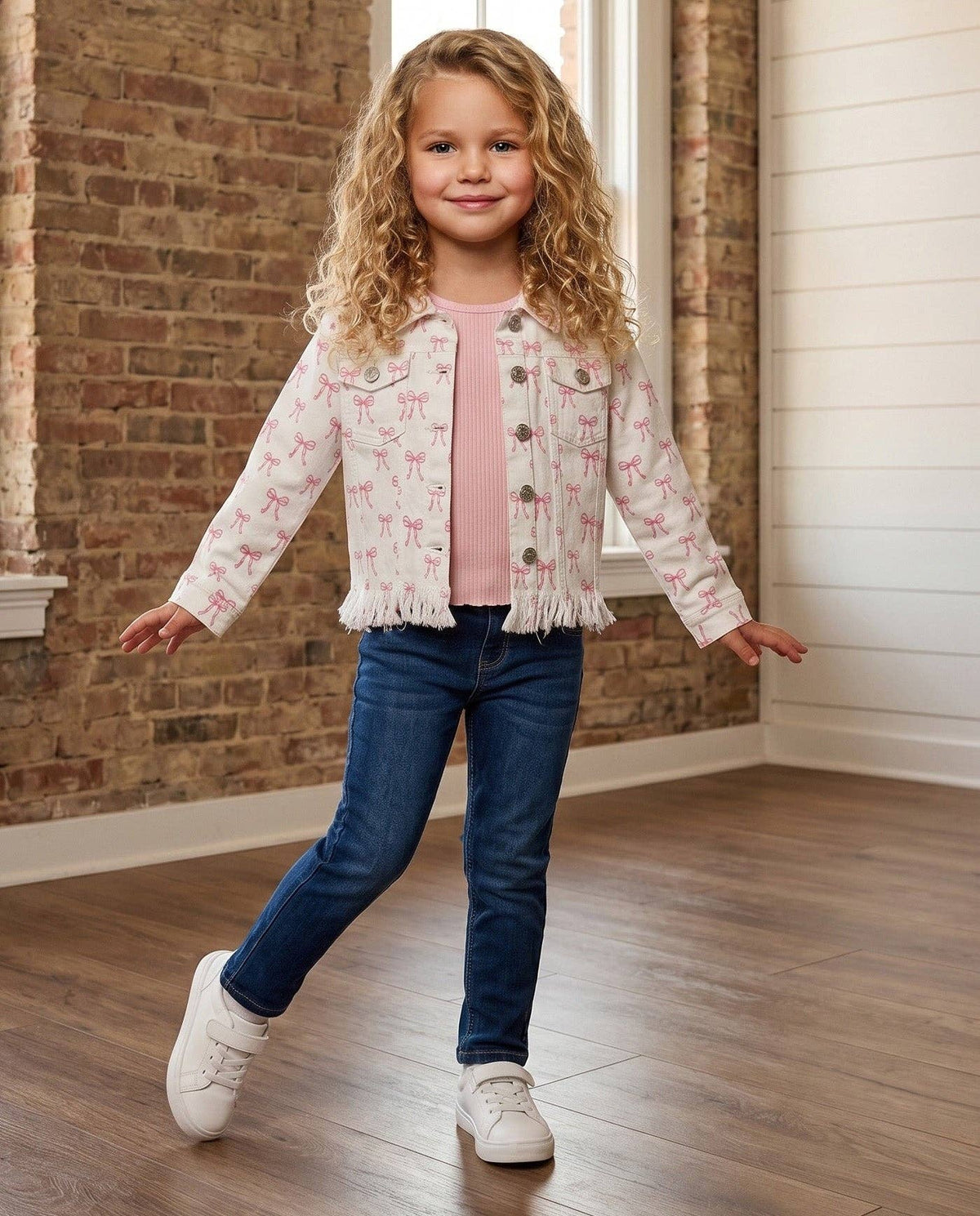 Kids Coquette Pink Bow White  Denim Jacket