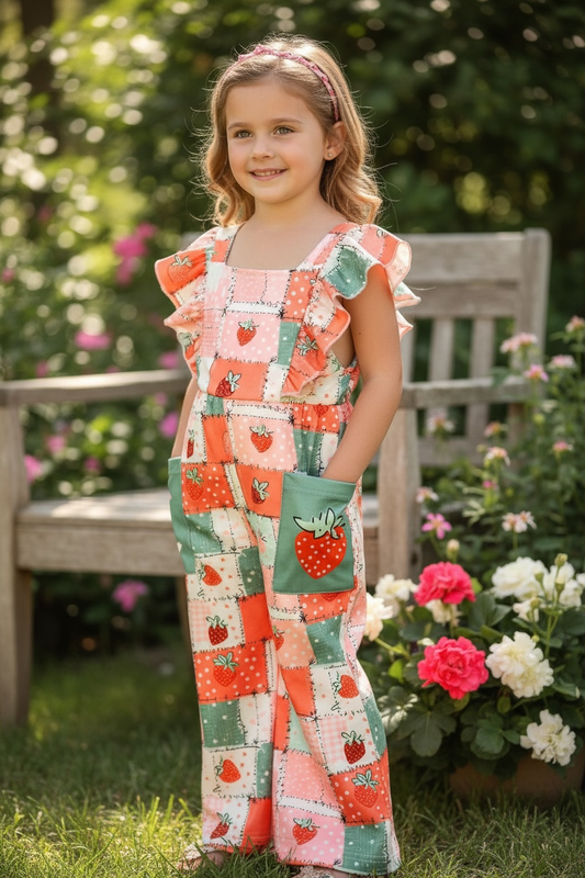 Strawberry multi-printed patch romper with pockets