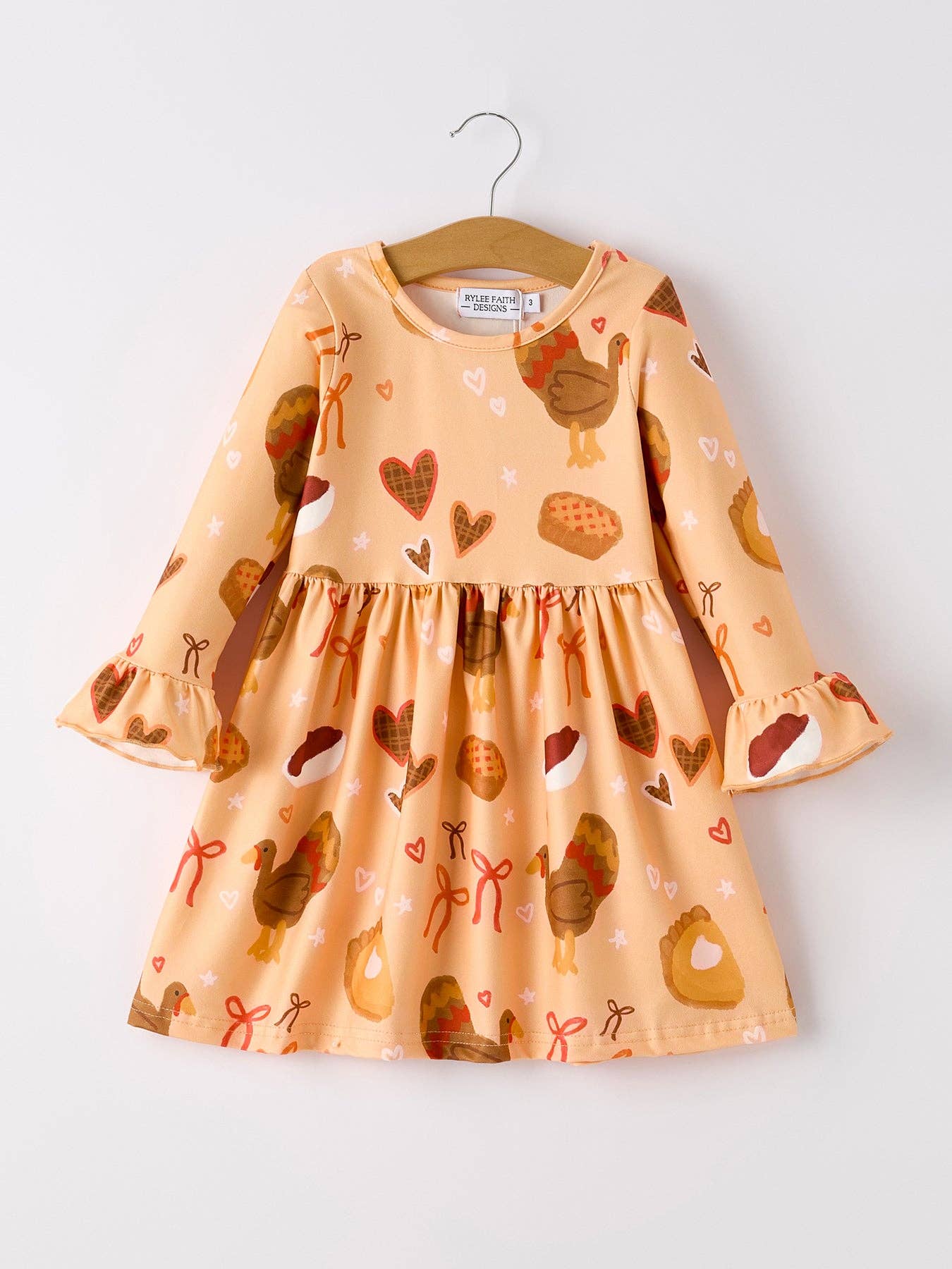 Rylee Faith Designs - Thanksgiving Day Turkey Pie Print Ruffle Sleeve Dress