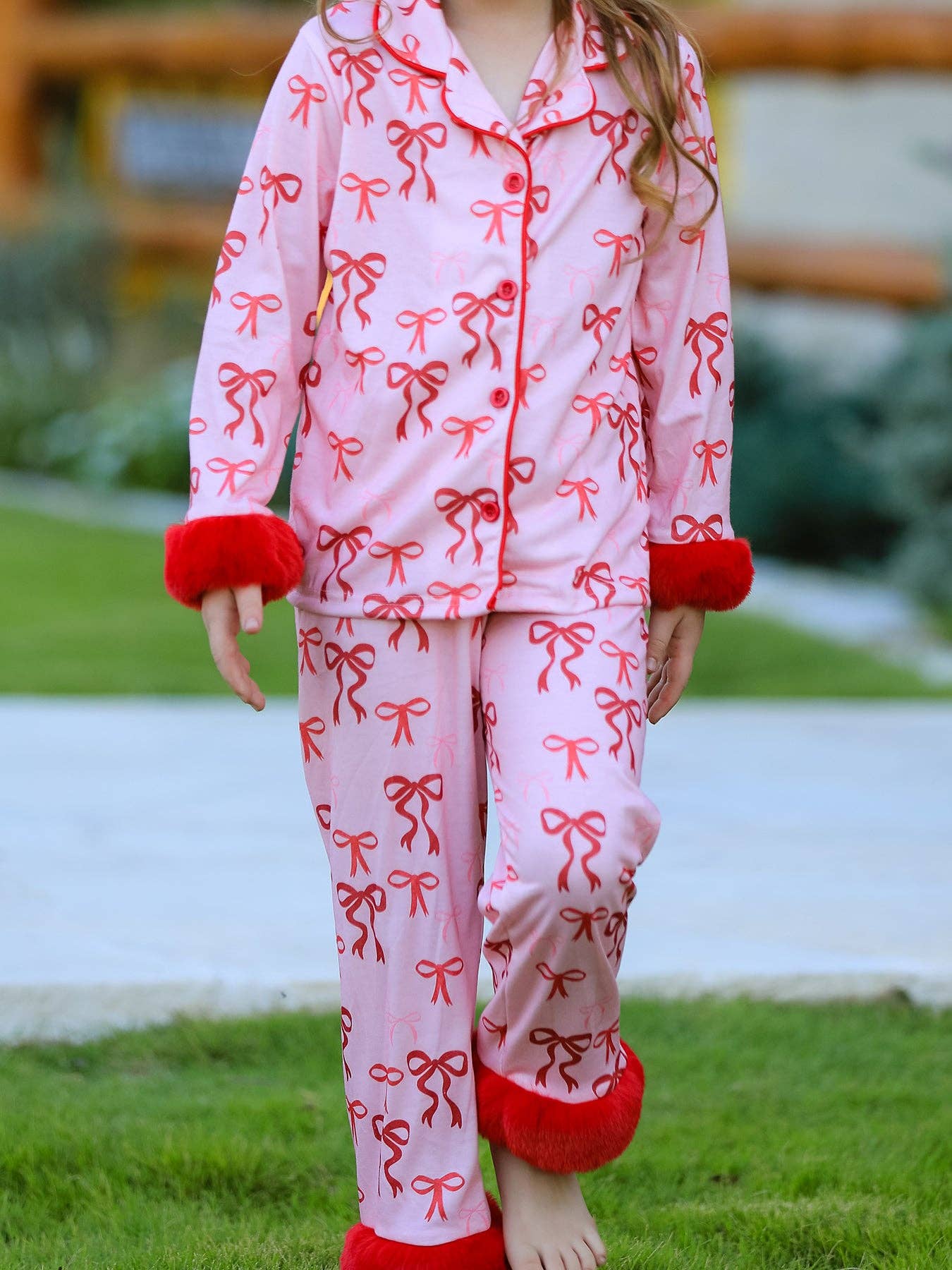 Rylee Faith Designs - Christmas Bow Girls Pajama Set with Furry Trim