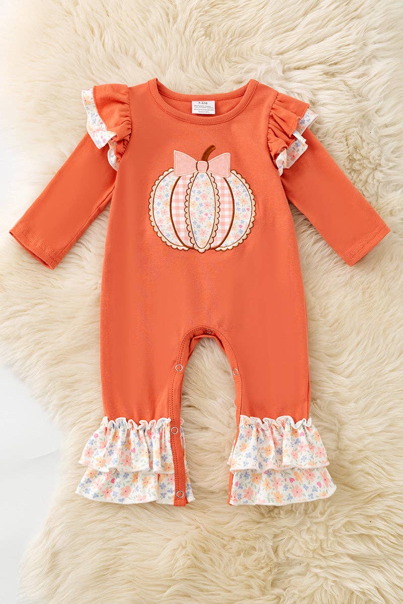 Kids Charm Online - Orange baby romper w/ floral applique pumpkin & snaps. RPG62709 SOL