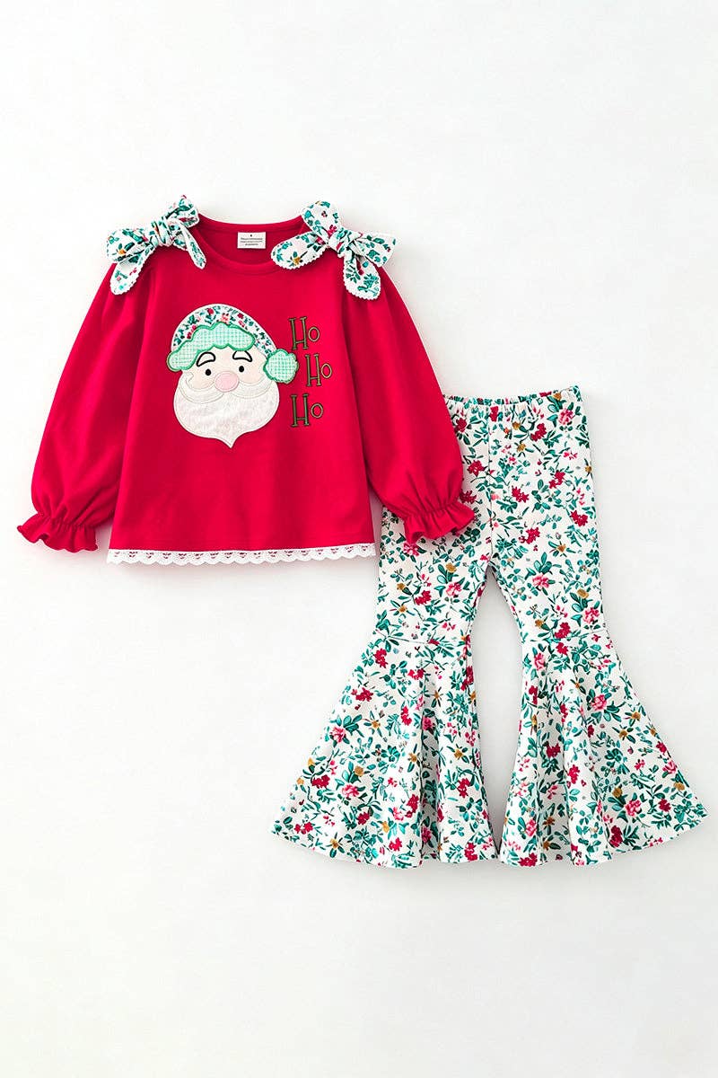 Kids Charm Online - Red Santa applique top and multi-printed bell bottoms. OFG63021 MON