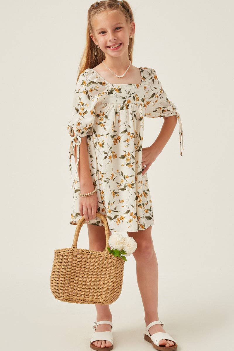 Hayden LA - Girls Floral Square Neck Tie Sleeve Dress