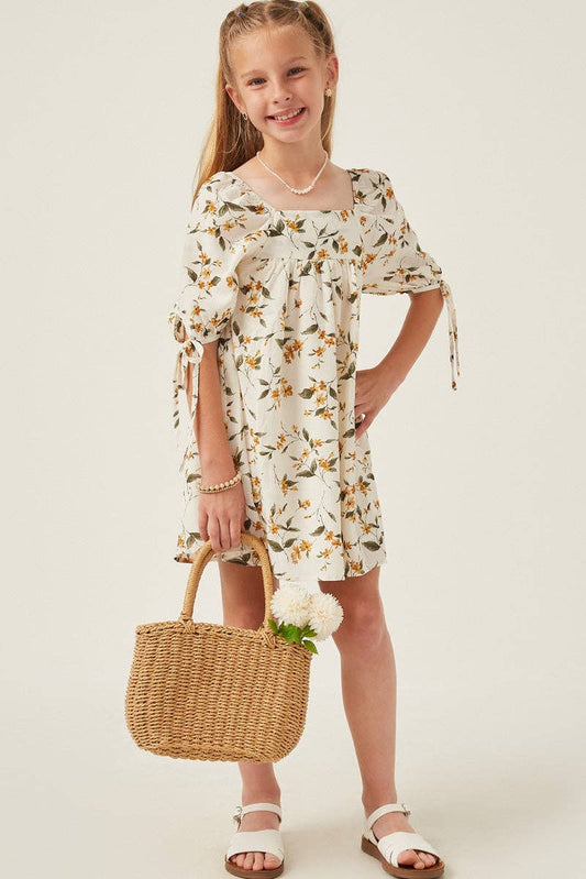 Hayden LA - Girls Floral Square Neck Tie Sleeve Dress
