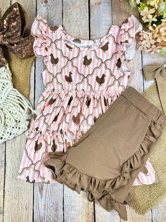 Sweet Chicken Coop Set | Girls Farm Animal Ruffle Shorts Outfit