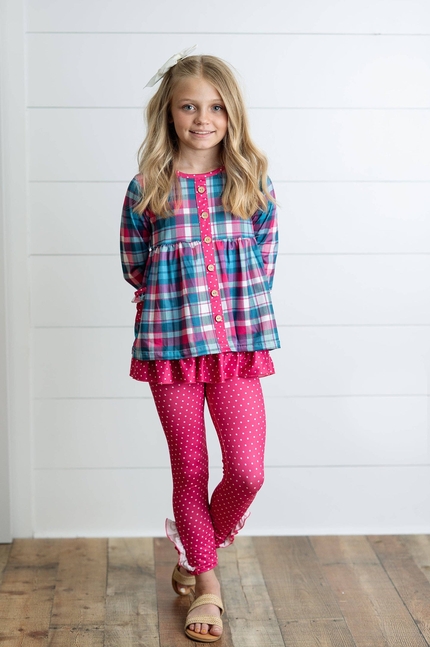 Adorable Sweetness - Girls Hot Pink & Teal Plaid Ruffle Pocket Button Legging Set