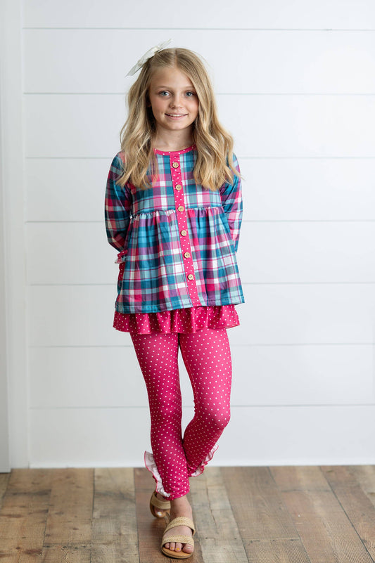 Adorable Sweetness - Girls Hot Pink & Teal Plaid Ruffle Pocket Button Legging Set