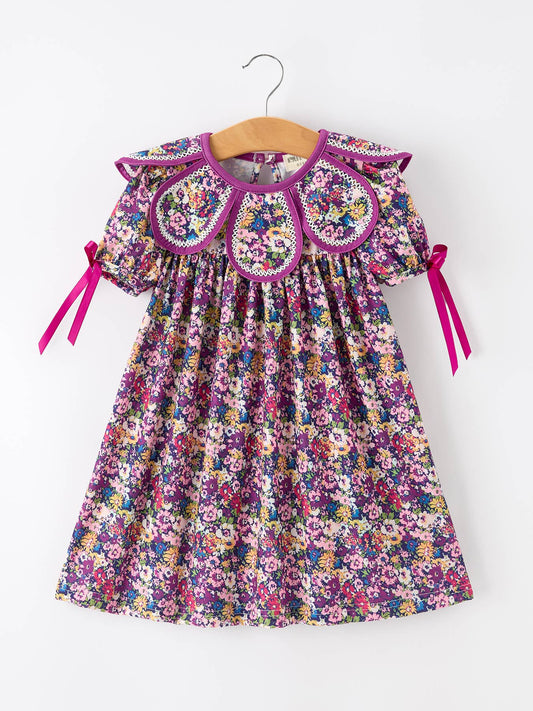 Rylee Faith Designs - Purple Floral Bow Petals Collar Girls Dress