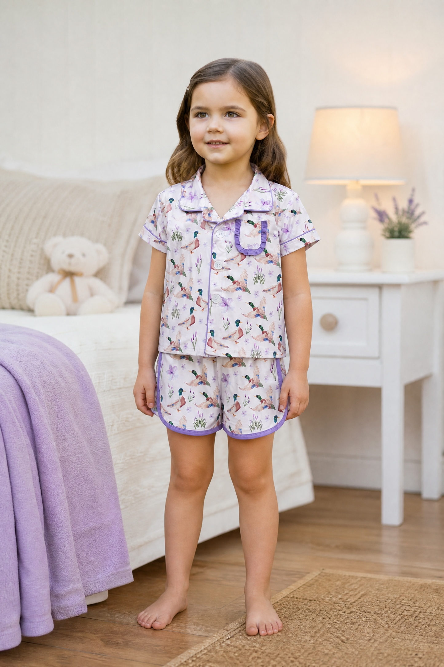Mallard Duck printed pajamas with purple hem.