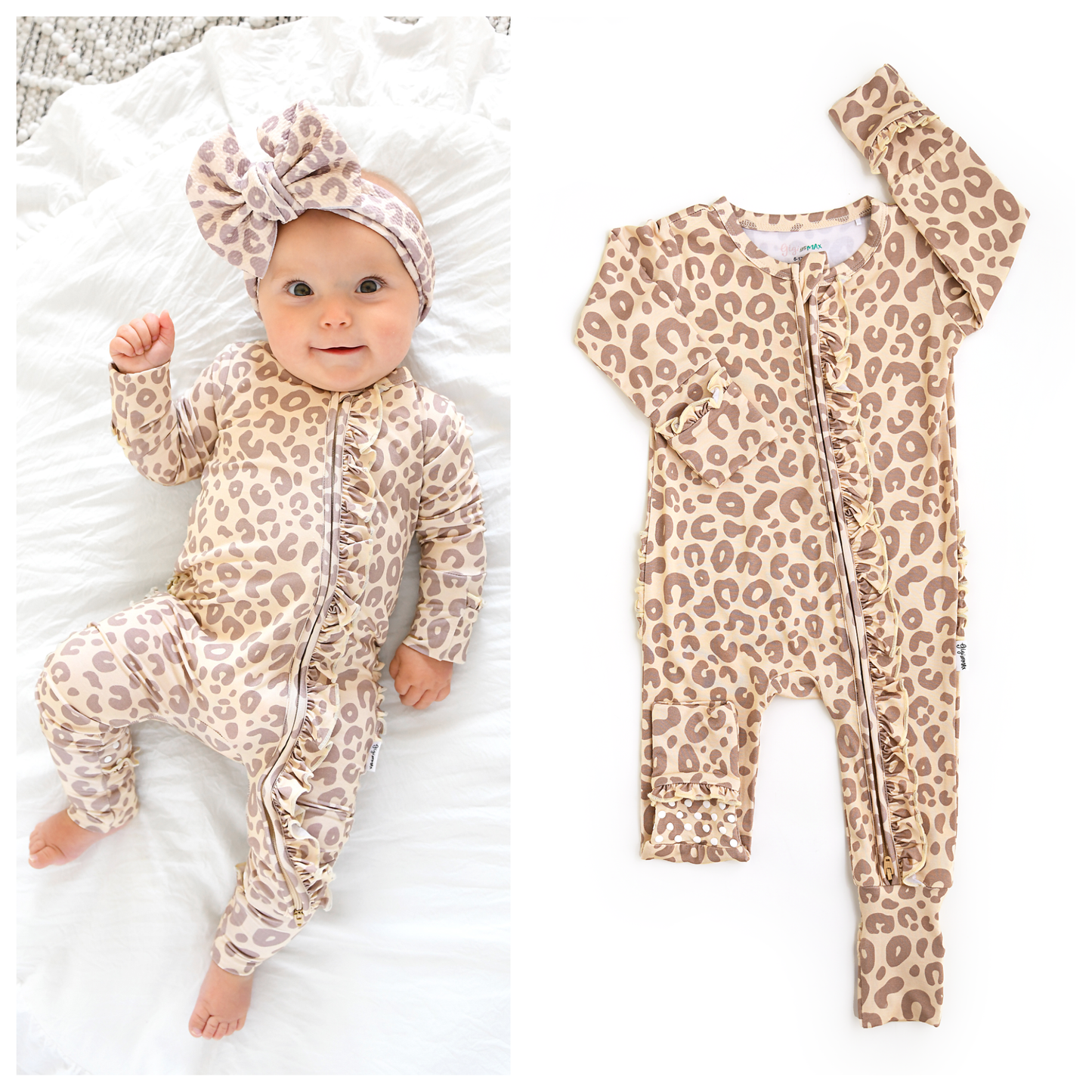 Gigi and Max - Amari Leopard RUFFLE ZIP Bamboo One Piece Baby Outfit