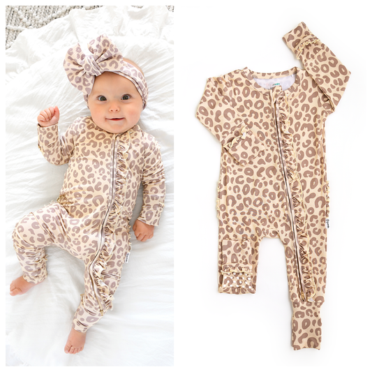 Gigi and Max - Amari Leopard RUFFLE ZIP Bamboo One Piece Baby Outfit