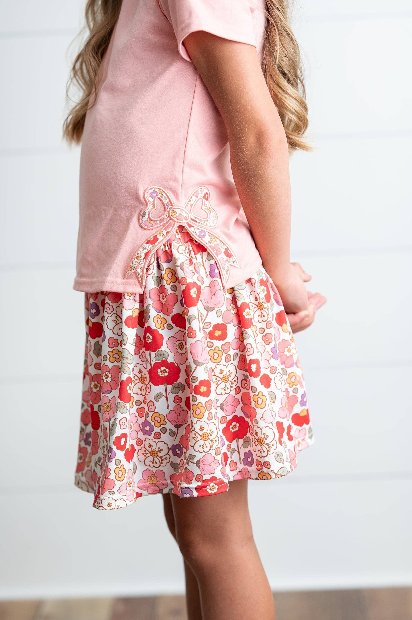 Adorable Sweetness - Girls Peach Floral Bow Spring Summer Skort Set