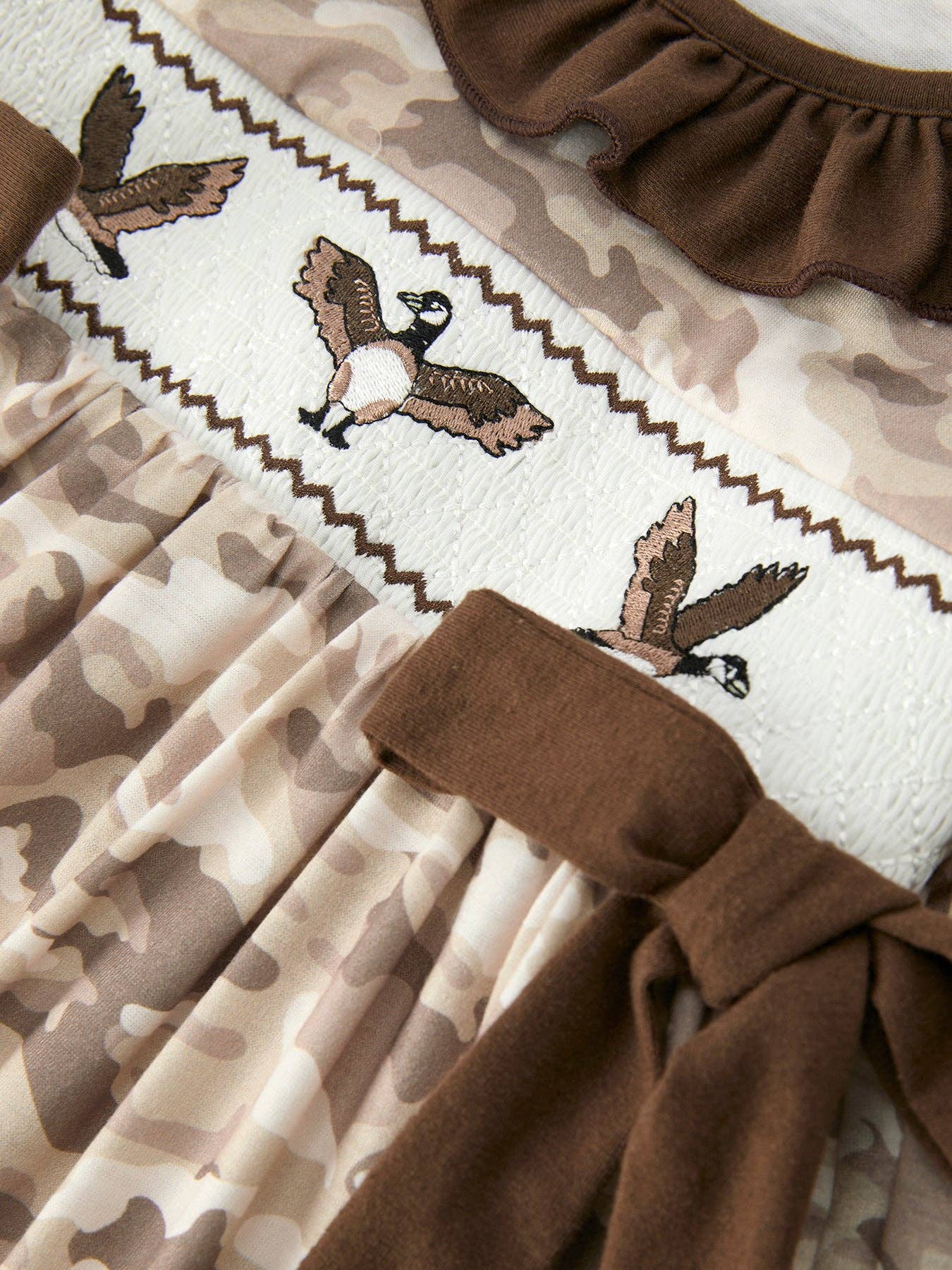Rylee Faith Designs - Duck Smocked Camo Girl Dress Bow Detail