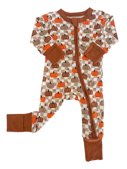 SpearmintLOVE - 2-Way Convertible Zip Romper, Pumpkin Checkerboard