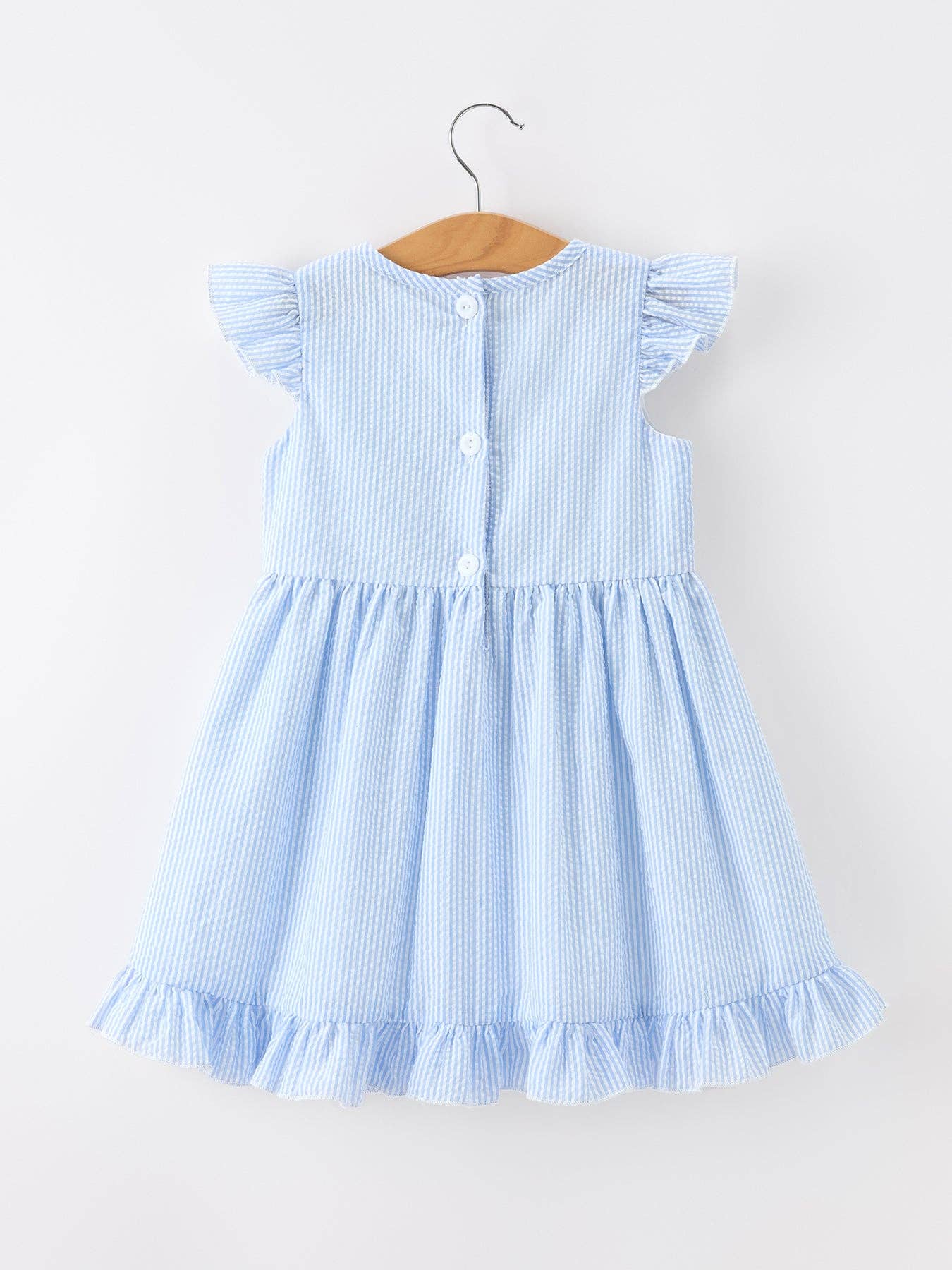 Rylee Faith Designs - Summer Bus Applique Girls Dress Blue Stripe Ruffle