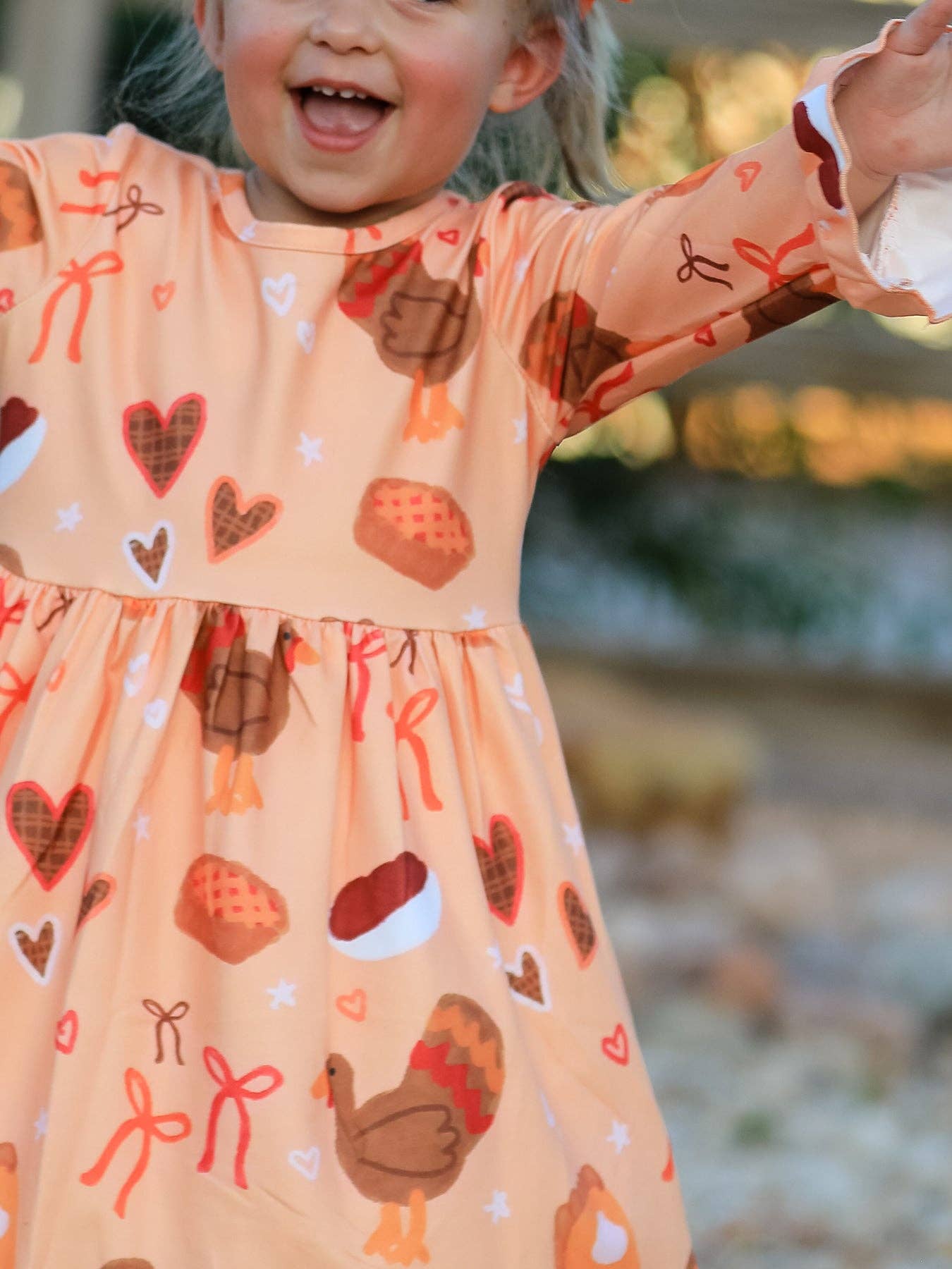 Rylee Faith Designs - Thanksgiving Day Turkey Pie Print Ruffle Sleeve Dress