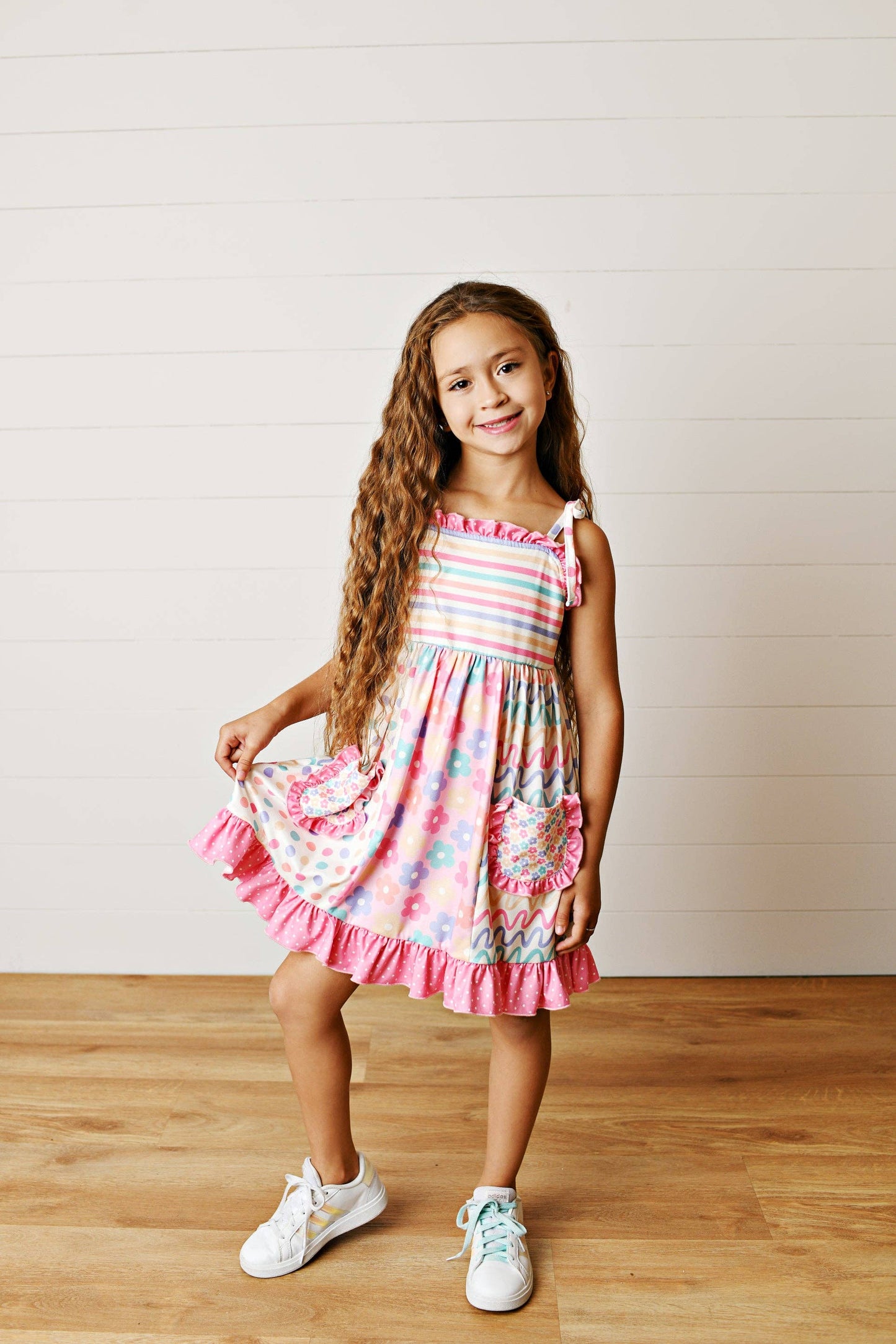 Girls Pink Blue Summer Floral Panel Tie Dress