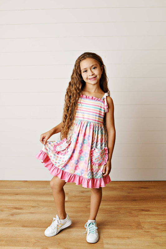 Girls Pink Blue Summer Floral Panel Tie Dress