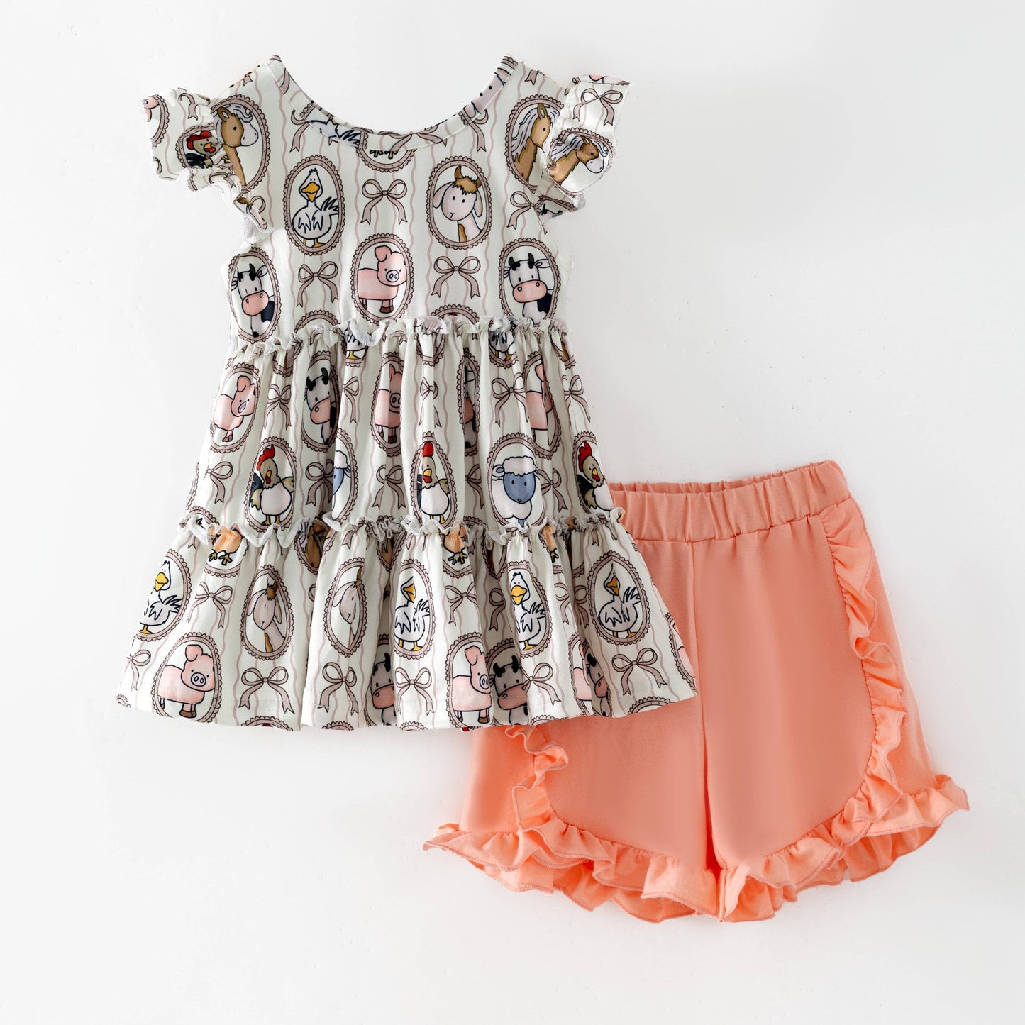 Farm Friends Cameo Two-Piece Set | Girls Farm Animal Top & Ruffle Shorts Set