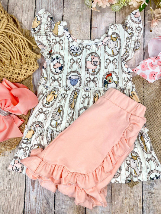 Farm Friends Cameo Two-Piece Set | Girls Farm Animal Top & Ruffle Shorts Set