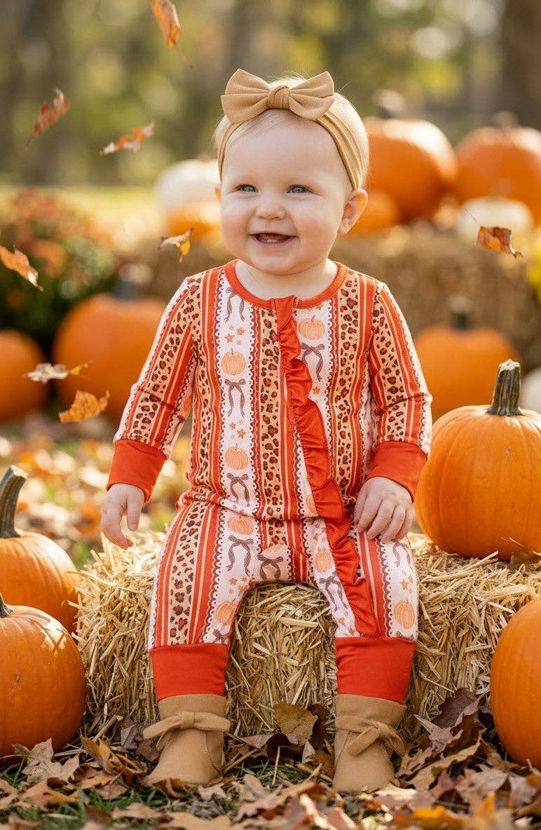 Kids Charm Online - Pumpkin & cheetah printed girls baby romper with ruffle butt. RPG62331 SOL