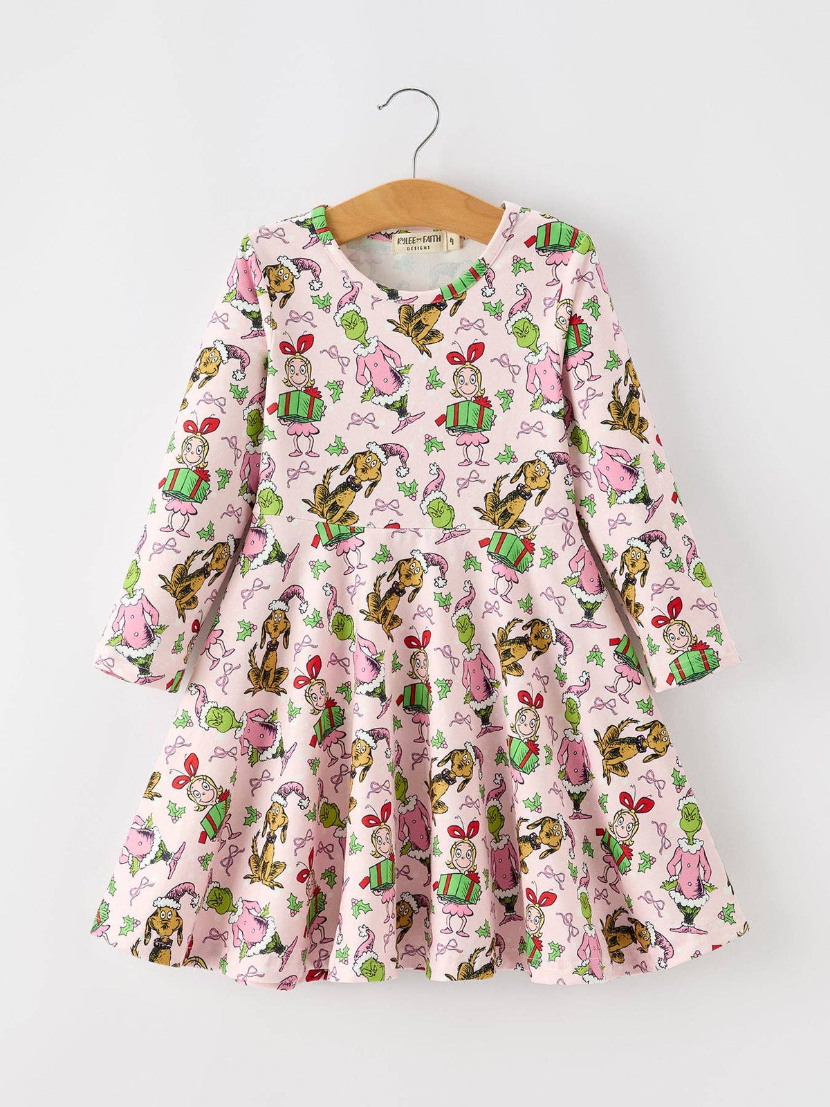 Christmas Girls Pink Gift And Holly Long Sleeve Twirl Dress